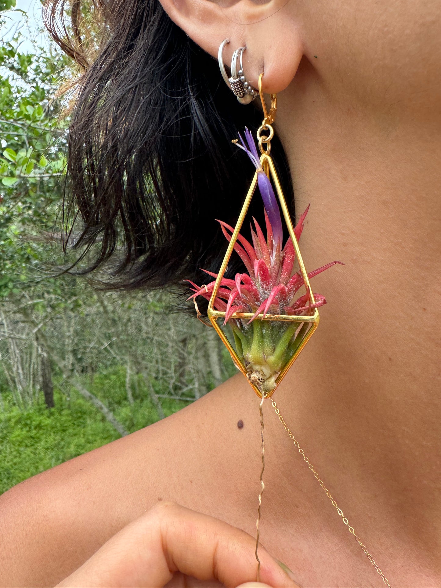 24K Gold Long Tetrahedron Air Plant Earrings ~ Minimalist Geometric Earrings