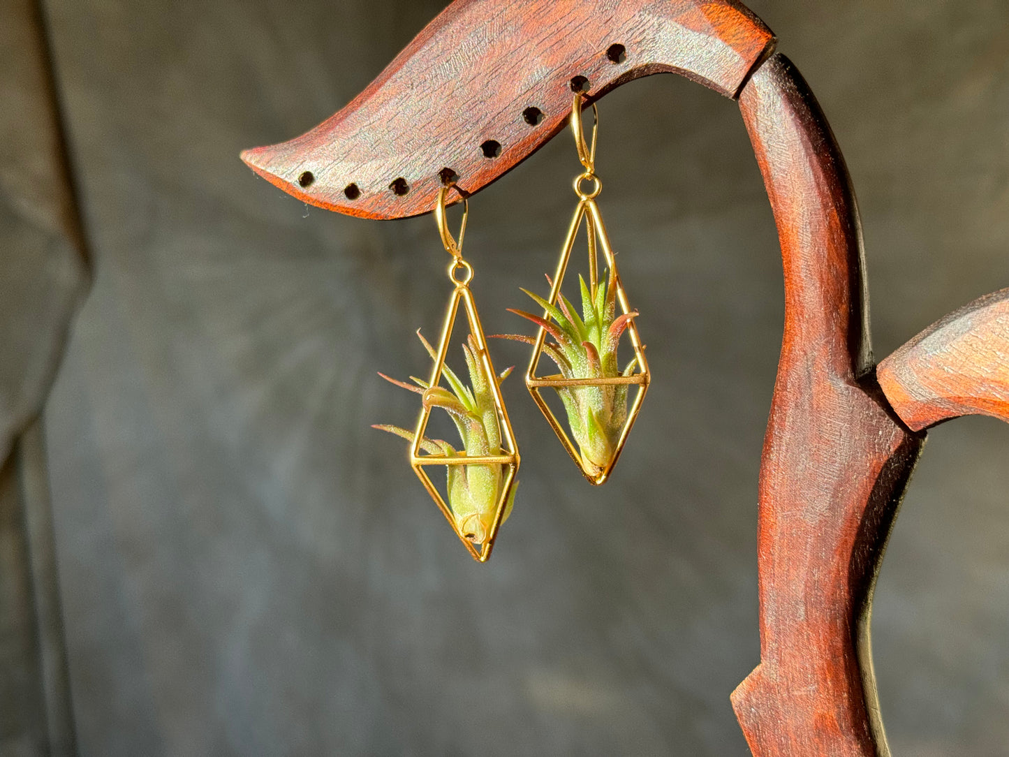 24K Gold Long Tetrahedron Air Plant Earrings ~ Minimalist Geometric Earrings