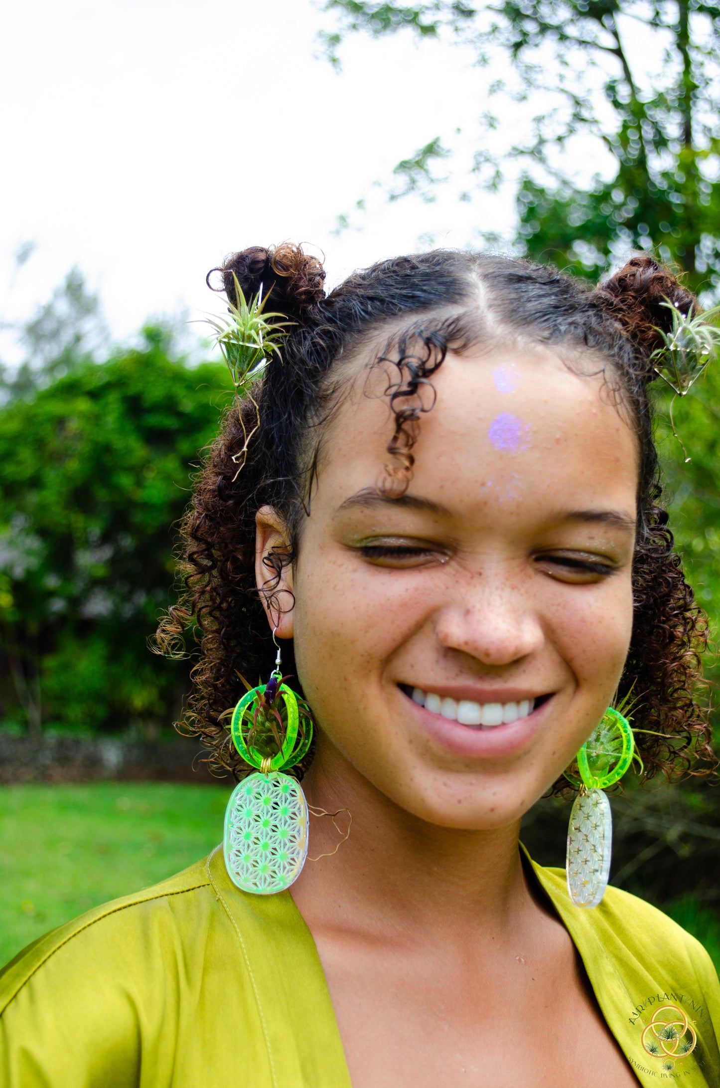 Air Plant Orb Earrings ~ Pineapple ~ Blacklight Holographic ~ Lasercut Original Design
