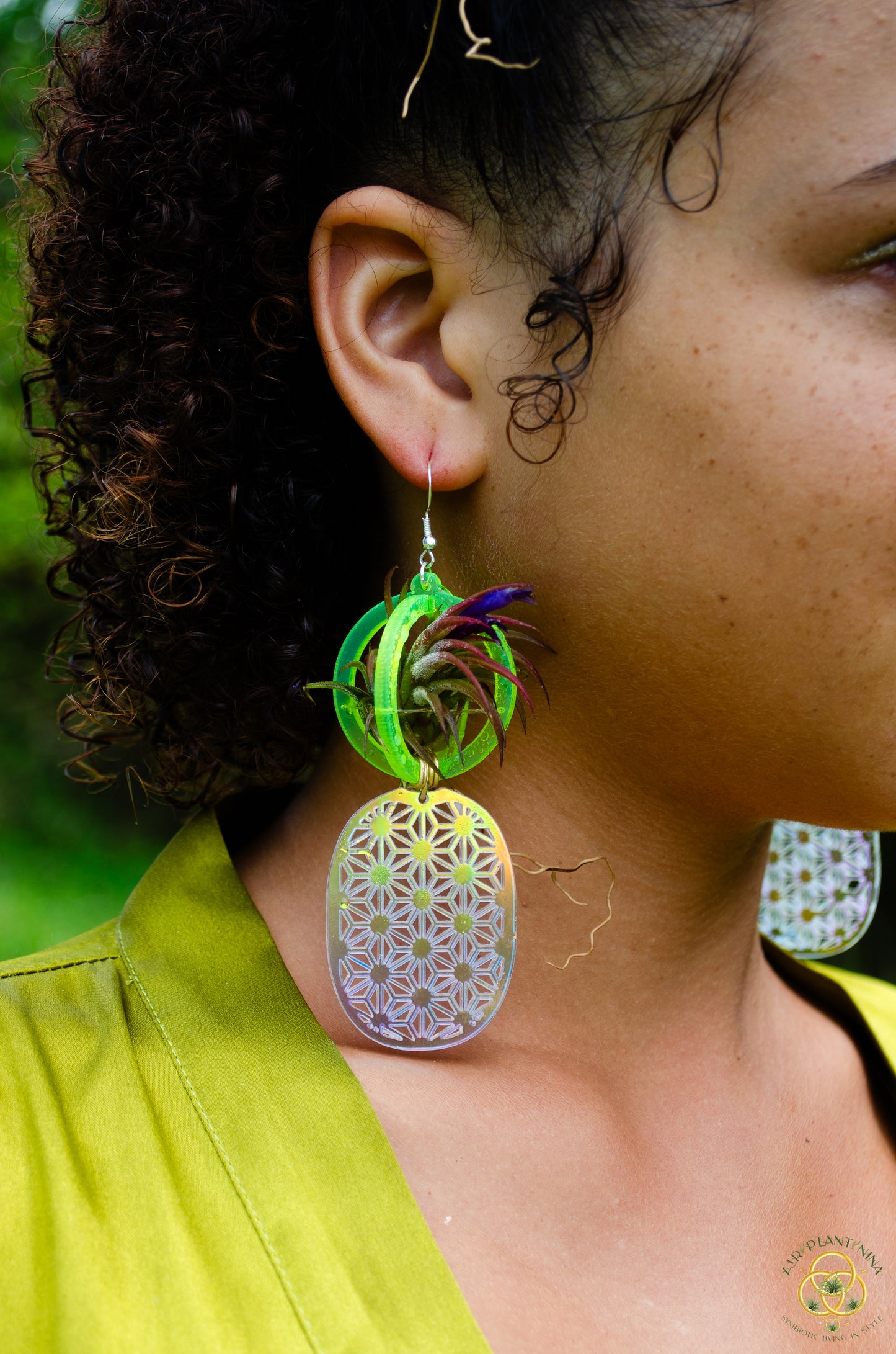 Air Plant Orb Earrings ~ Pineapple ~ Blacklight Holographic ~ Lasercut Original Design