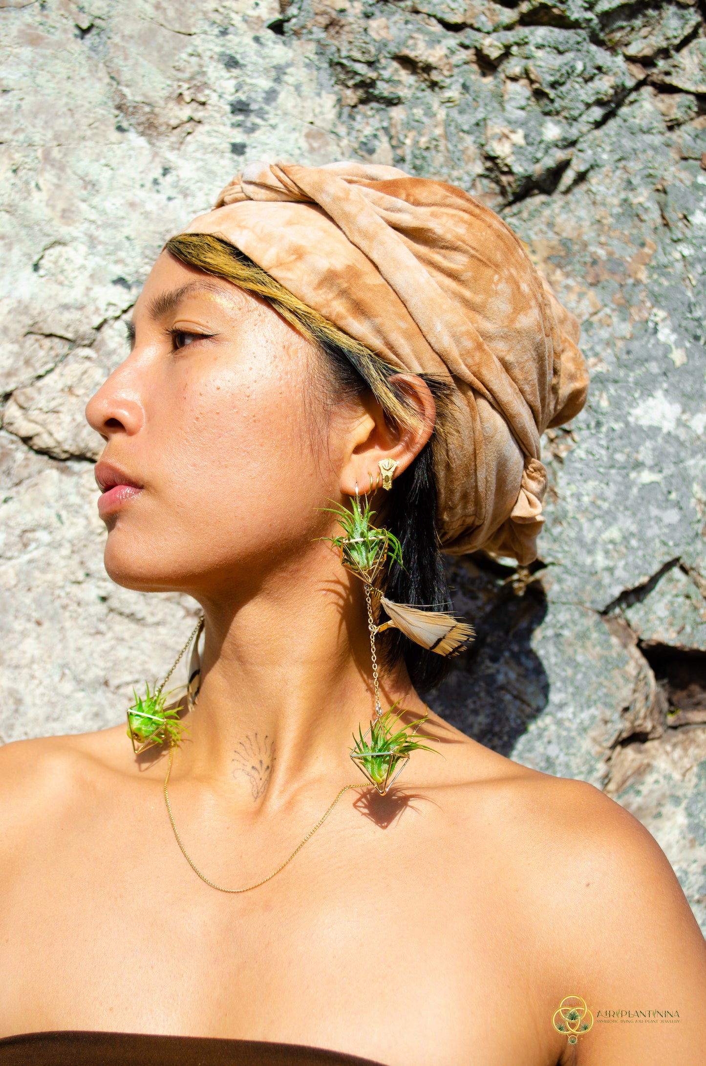 Double Dangle Air Plant Orb Feather Earrings Clips ~  Cascading Earrings Boho Chic