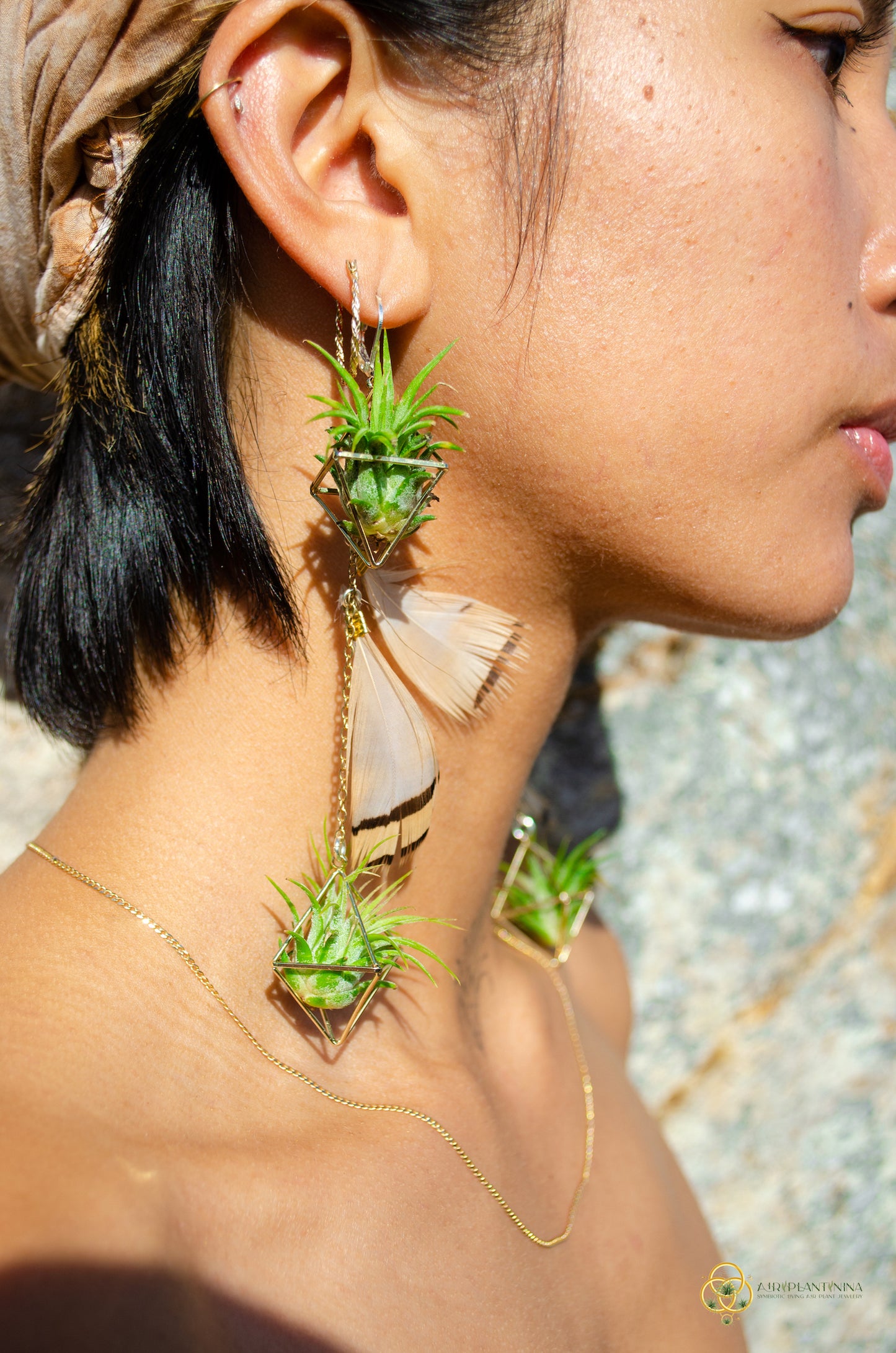 Double Dangle Air Plant Orb Feather Earrings Clips ~  Cascading Earrings Boho Chic