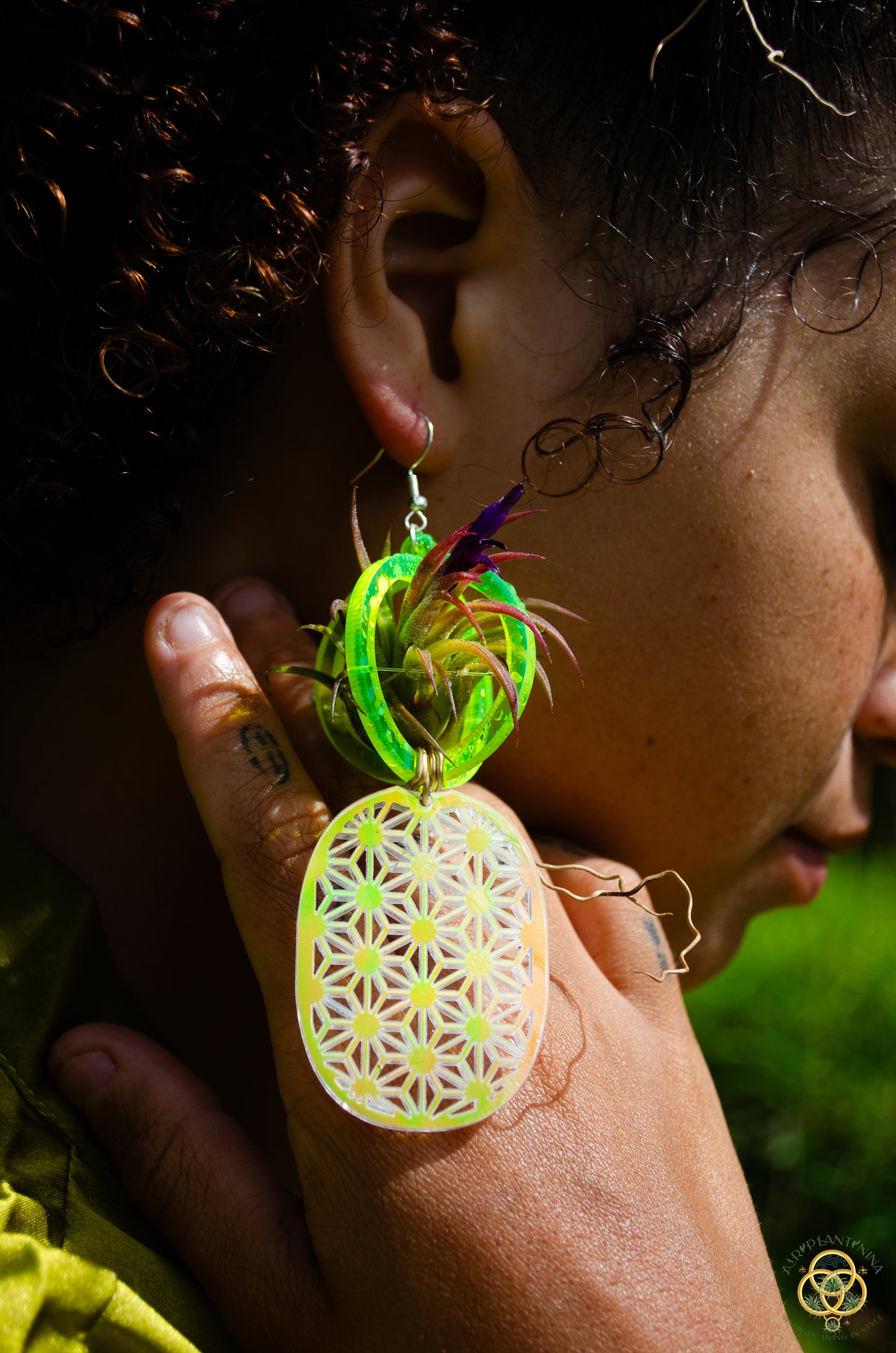 Air Plant Orb Earrings ~ Pineapple ~ Blacklight Holographic ~ Lasercut Original Design