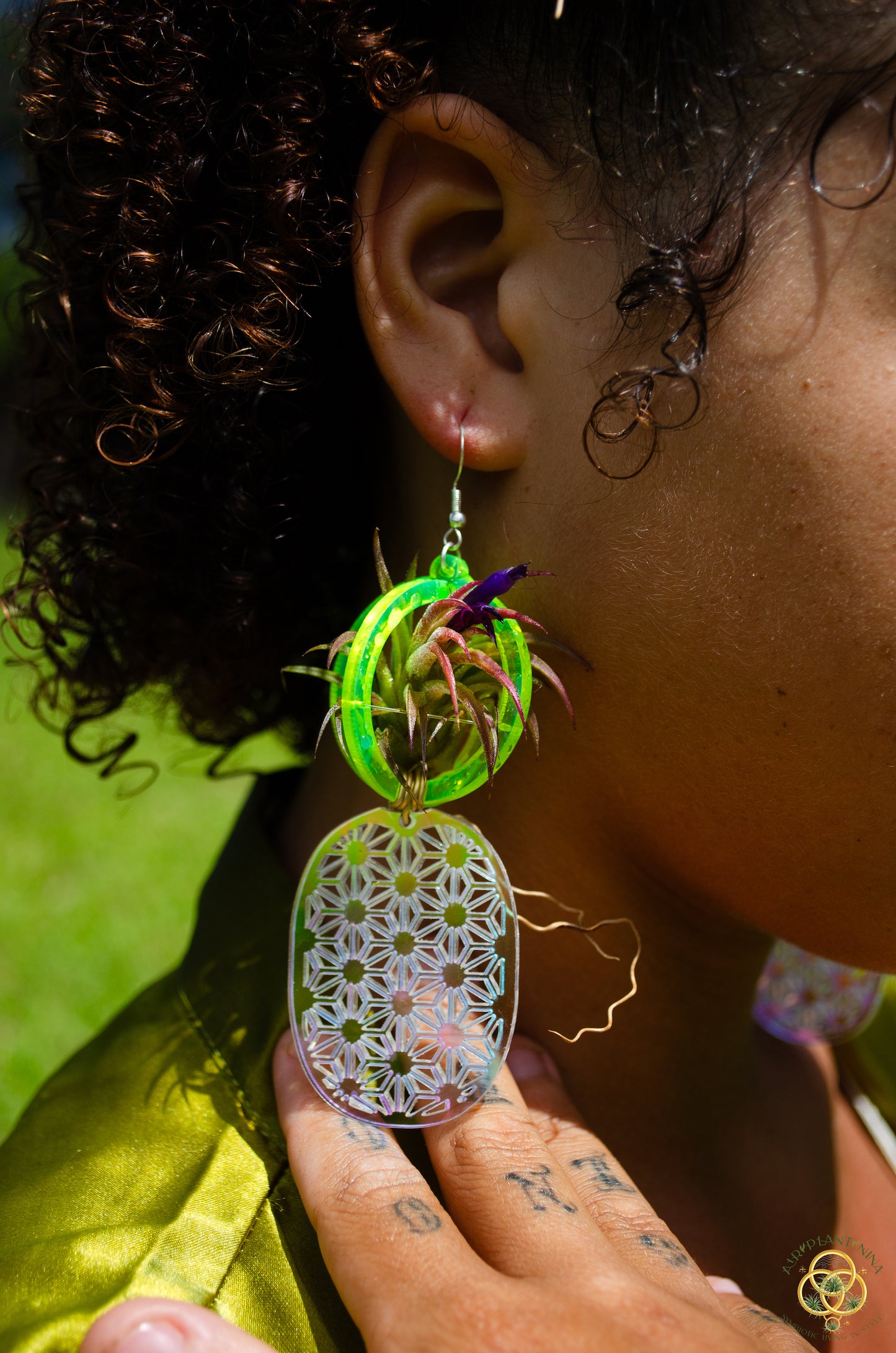 Air Plant Orb Earrings ~ Pineapple ~ Blacklight Holographic ~ Lasercut Original Design