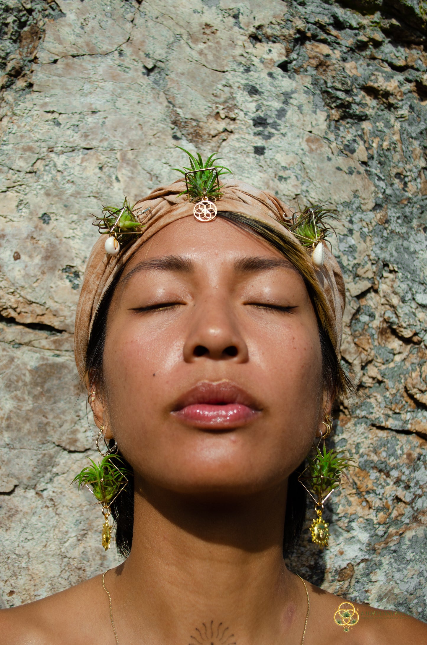 Golden Sun Charm Air Plant Clip Earrings ~ Diamond Octahedron Earrings