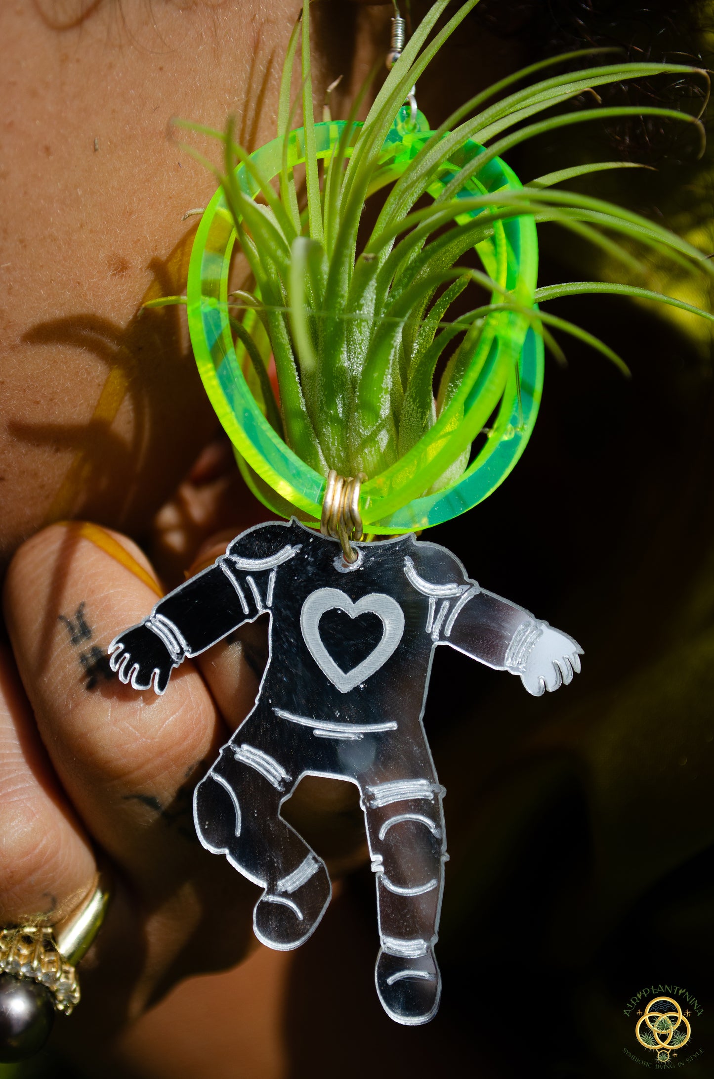 Air Plant Orb Earrings ~ Astronaut~ Blacklight Holographic ~ Lasercut Original Design