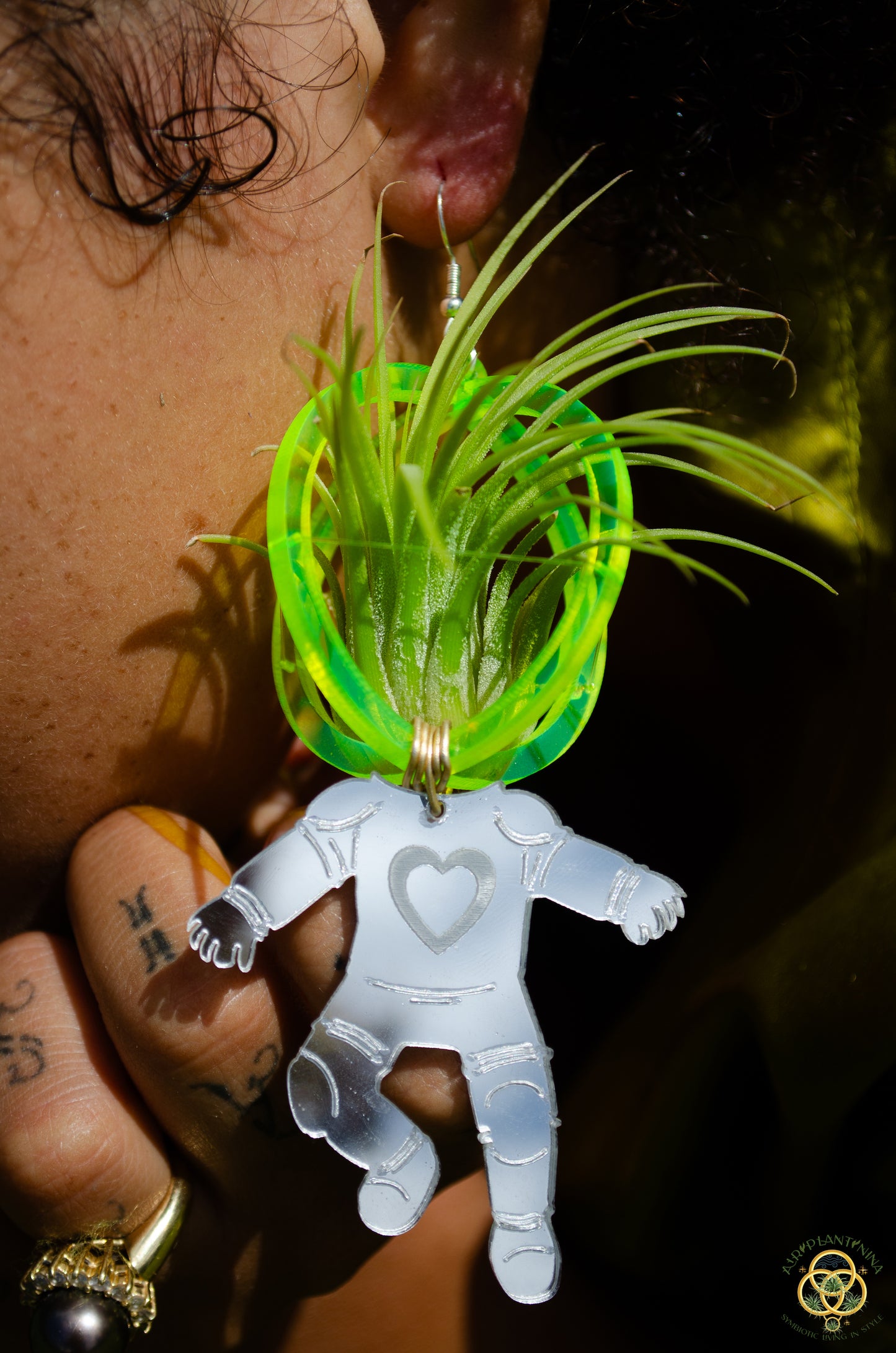 Air Plant Orb Earrings ~ Astronaut~ Blacklight Holographic ~ Lasercut Original Design