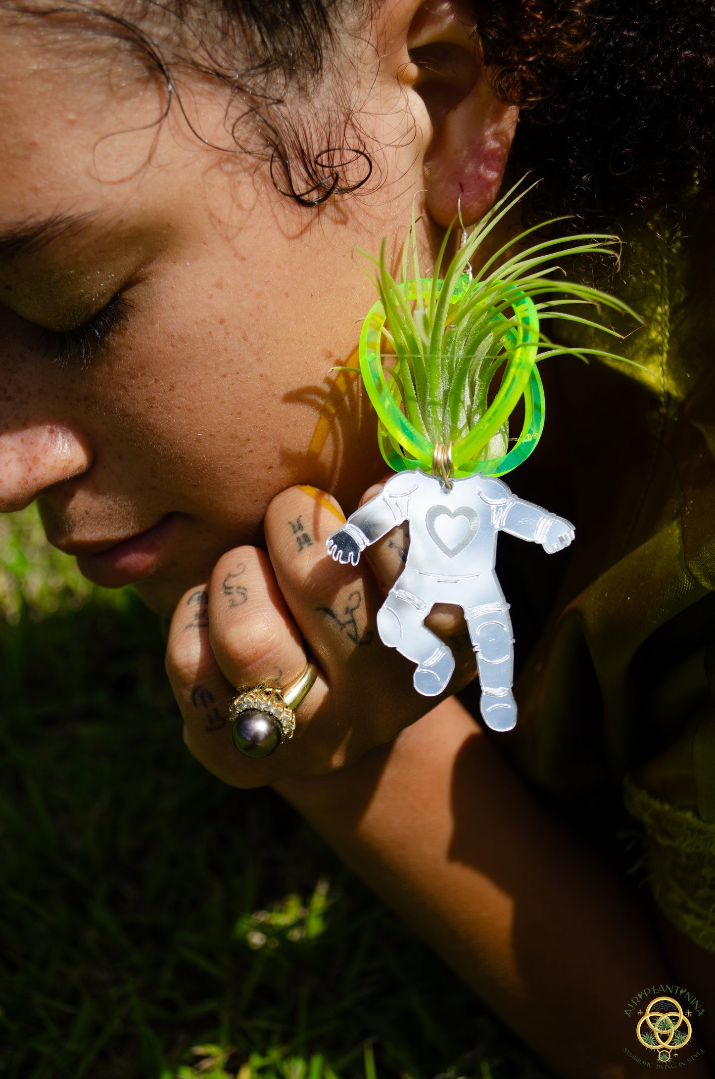 Air Plant Orb Earrings ~ Astronaut~ Blacklight Holographic ~ Lasercut Original Design