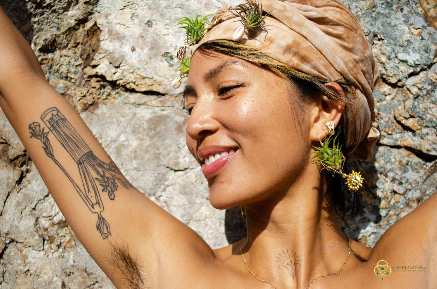 Golden Sun Charm Air Plant Clip Earrings ~ Diamond Octahedron Earrings