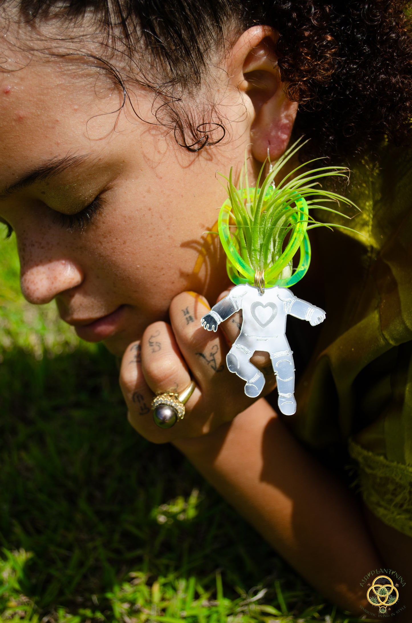 Air Plant Orb Earrings ~ Astronaut~ Blacklight Holographic ~ Lasercut Original Design