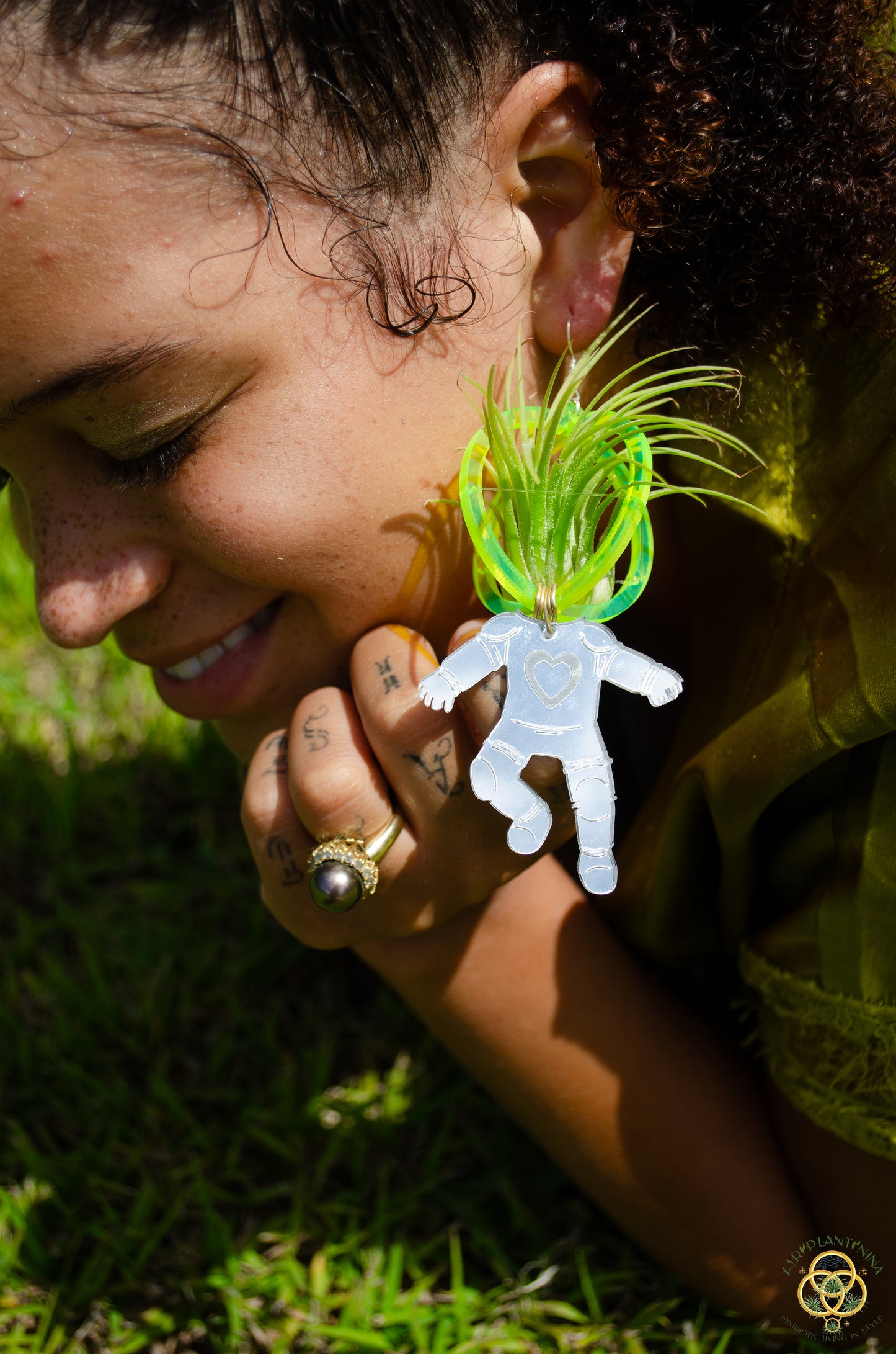 Air Plant Orb Earrings ~ Astronaut~ Blacklight Holographic ~ Lasercut Original Design