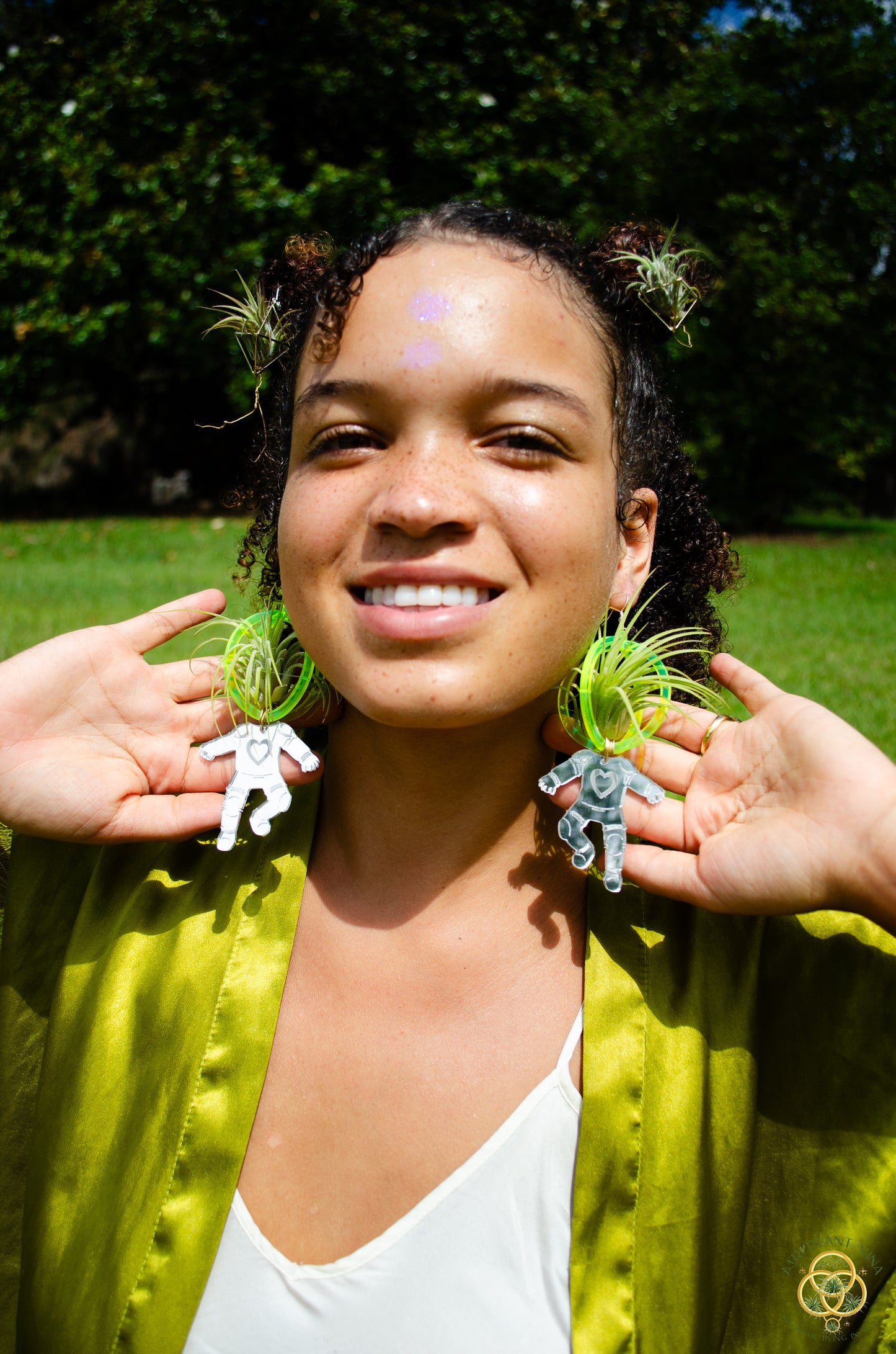 Air Plant Orb Earrings ~ Astronaut~ Blacklight Holographic ~ Lasercut Original Design