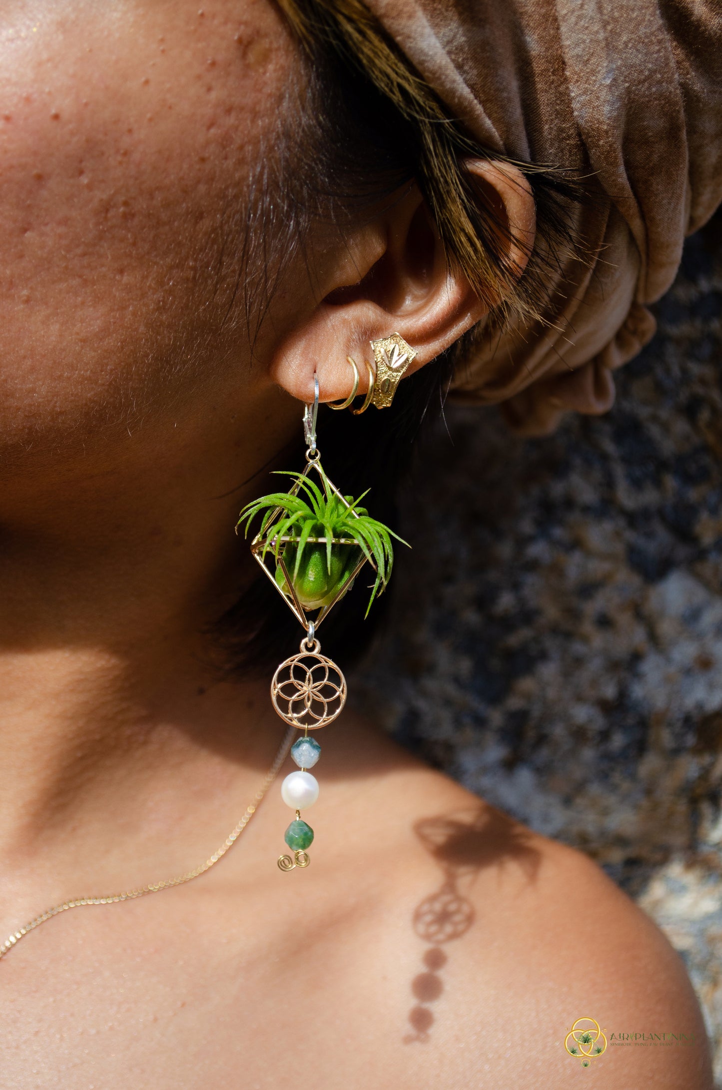 Minimalist Flower of Life Crystal Pearl Air Plant Earrings ~ Diamond Octahedron Earrings