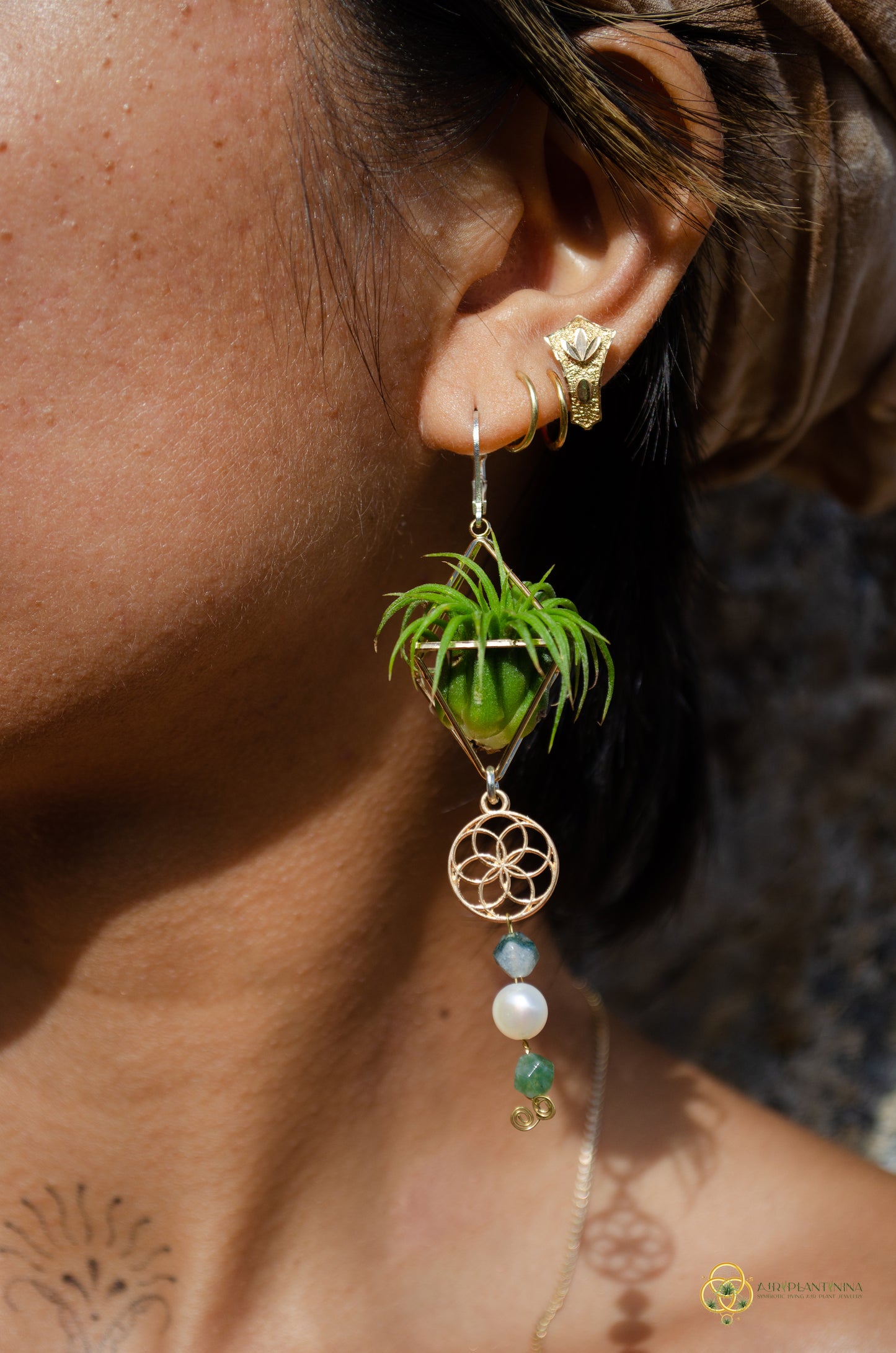Minimalist Flower of Life Crystal Pearl Air Plant Earrings ~ Diamond Octahedron Earrings