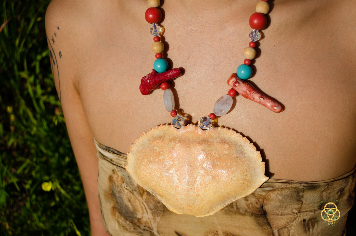 Crab Crystal Coral Chest Plate Necklace