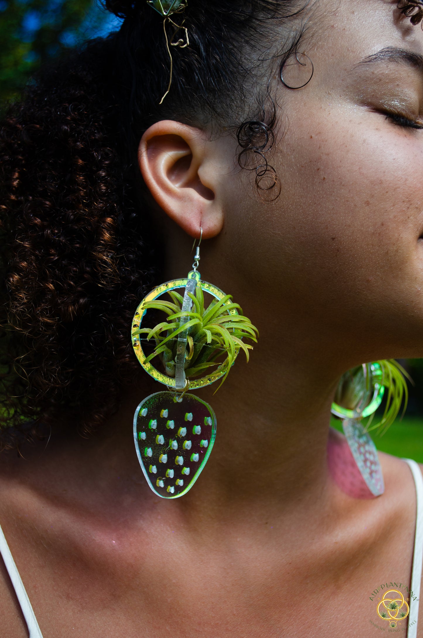 Air Plant Orb Earrings ~ Strawberry ~ Blacklight Holographic ~ Lasercut Original Design