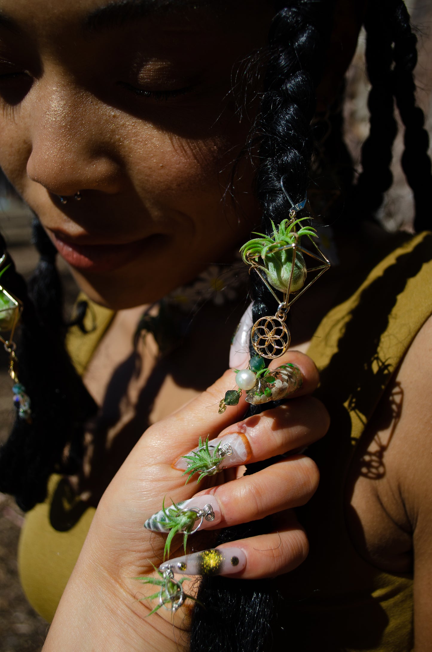 Golden Sun Charm Air Plant Clip Earrings ~ Diamond Octahedron Earrings