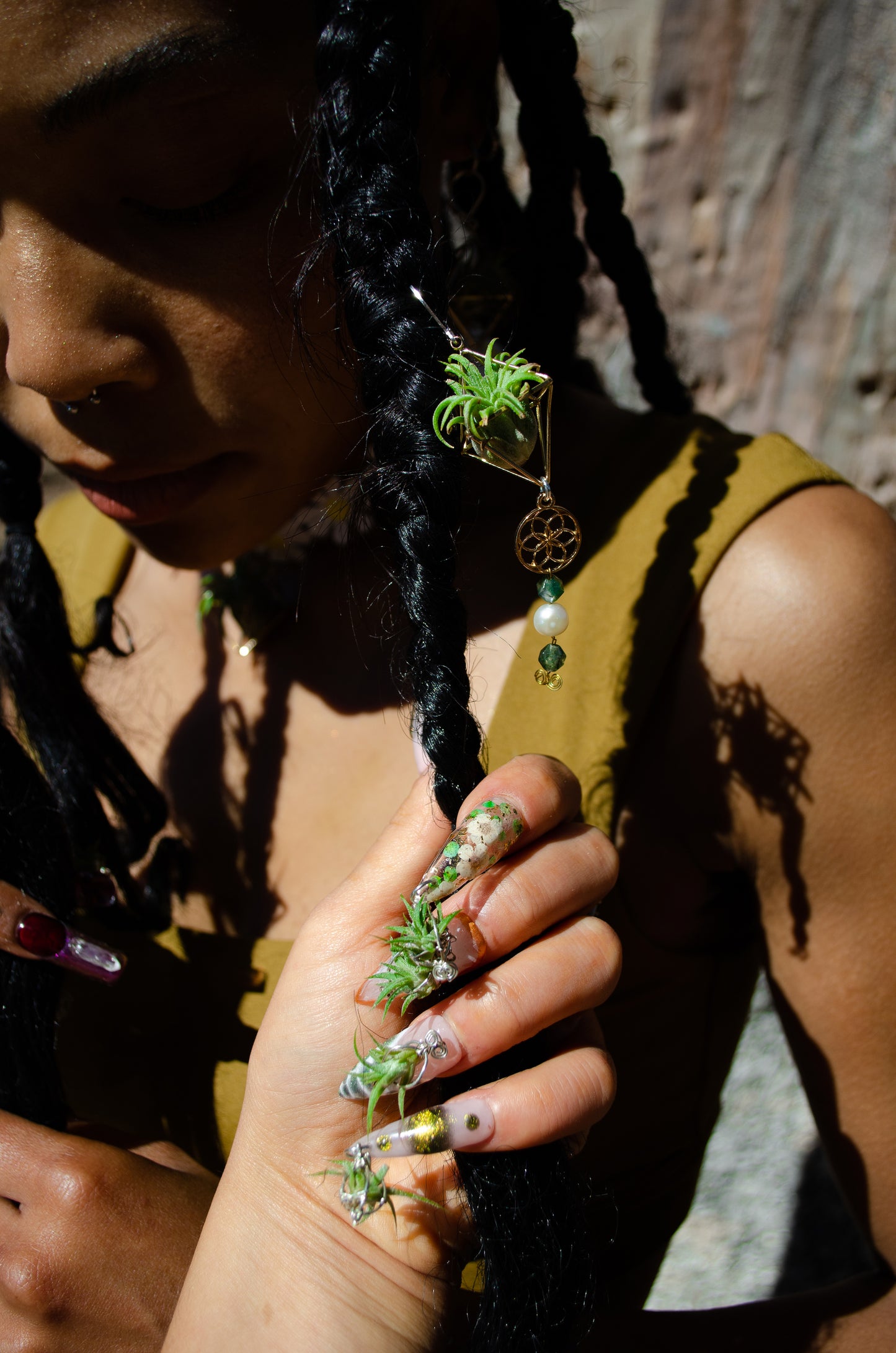 Golden Sun Charm Air Plant Clip Earrings ~ Diamond Octahedron Earrings