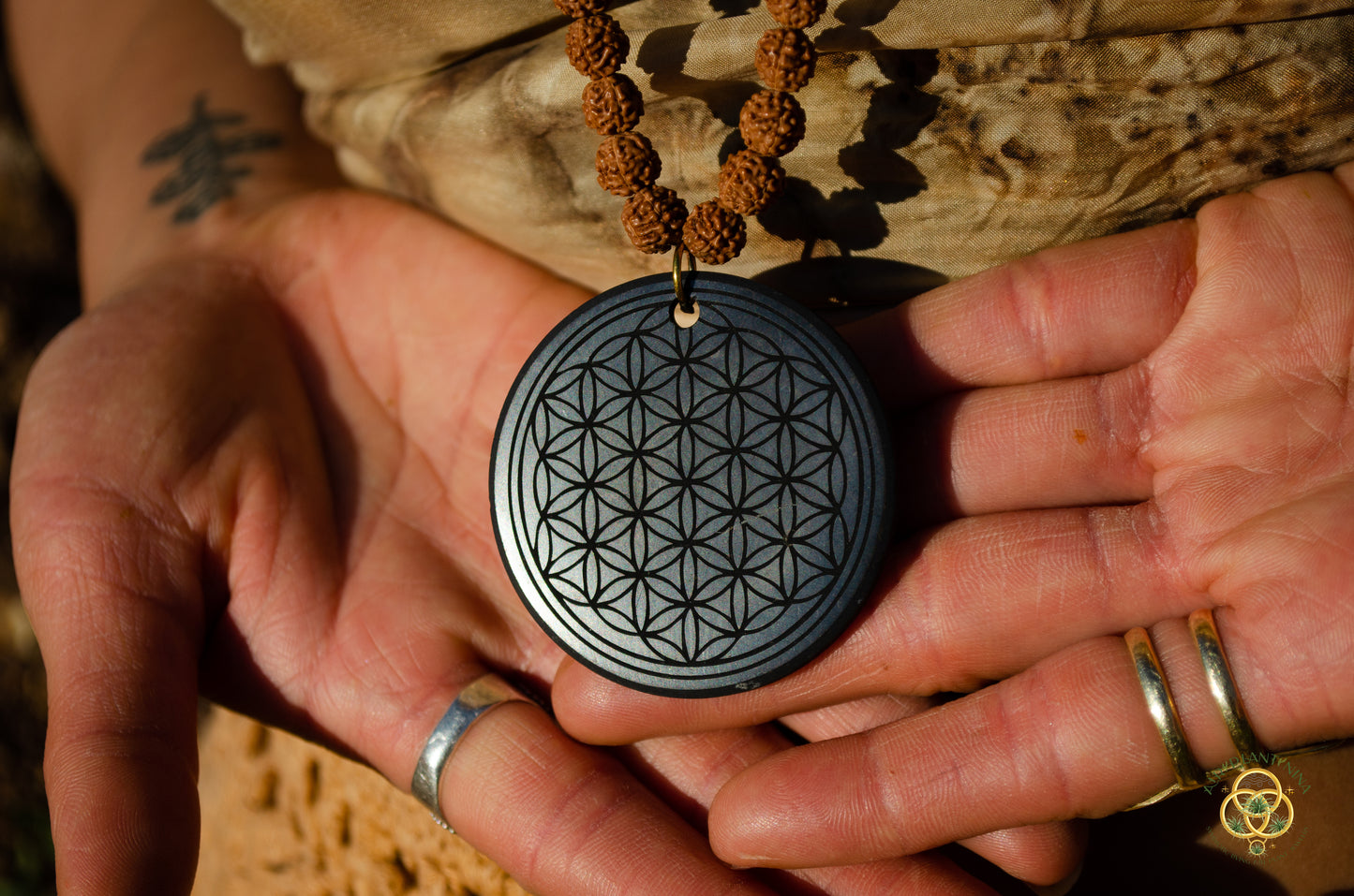 Shungite Crystal Flower of Life Medallion Rudraksha Prayer Bead Necklace