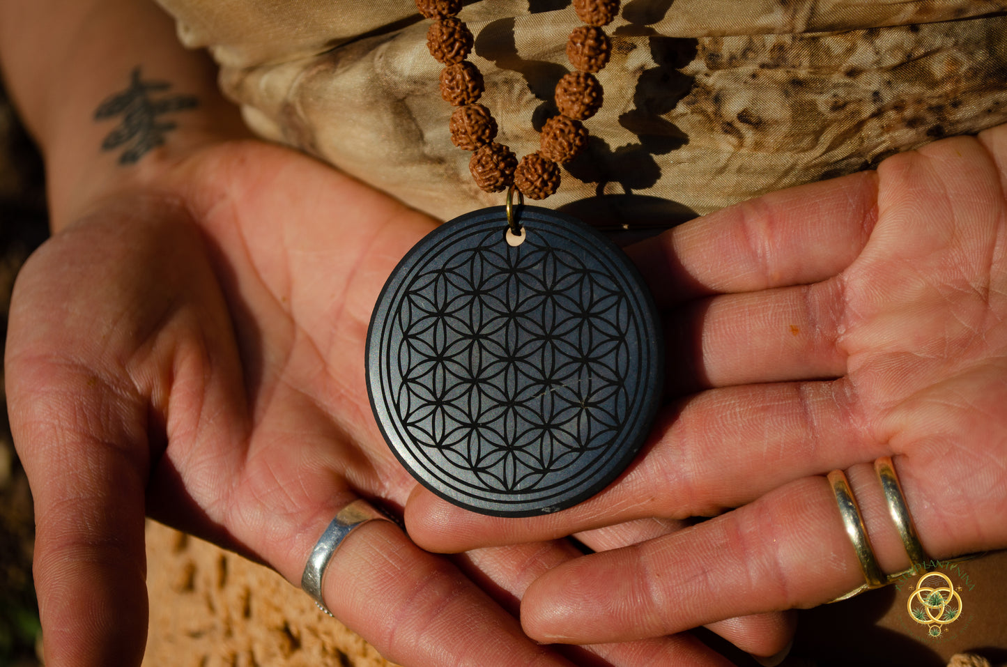 Shungite Crystal Flower of Life Medallion Rudraksha Prayer Bead Necklace