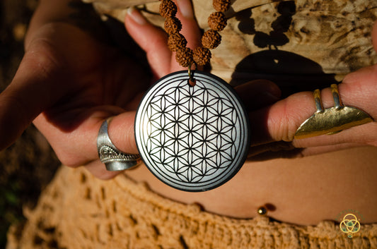 Shungite Crystal Flower of Life Medallion Rudraksha Prayer Bead Necklace