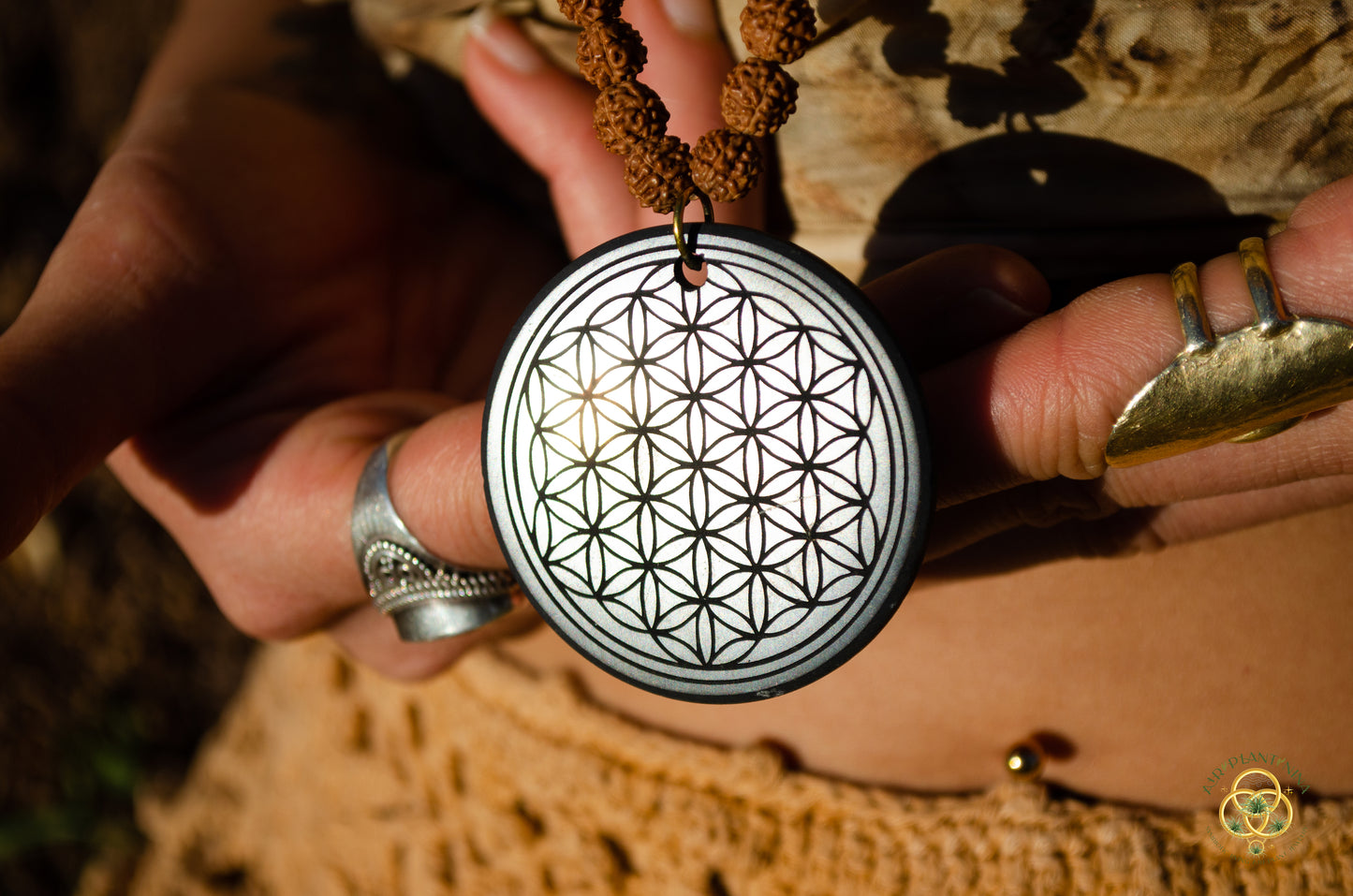 Shungite Crystal Flower of Life Medallion Rudraksha Prayer Bead Necklace