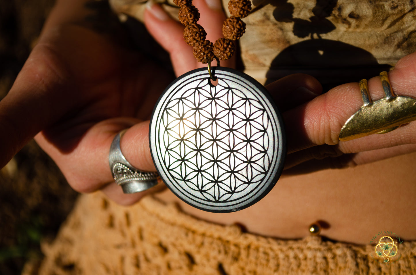 Shungite Crystal Flower of Life Medallion Rudraksha Prayer Bead Necklace