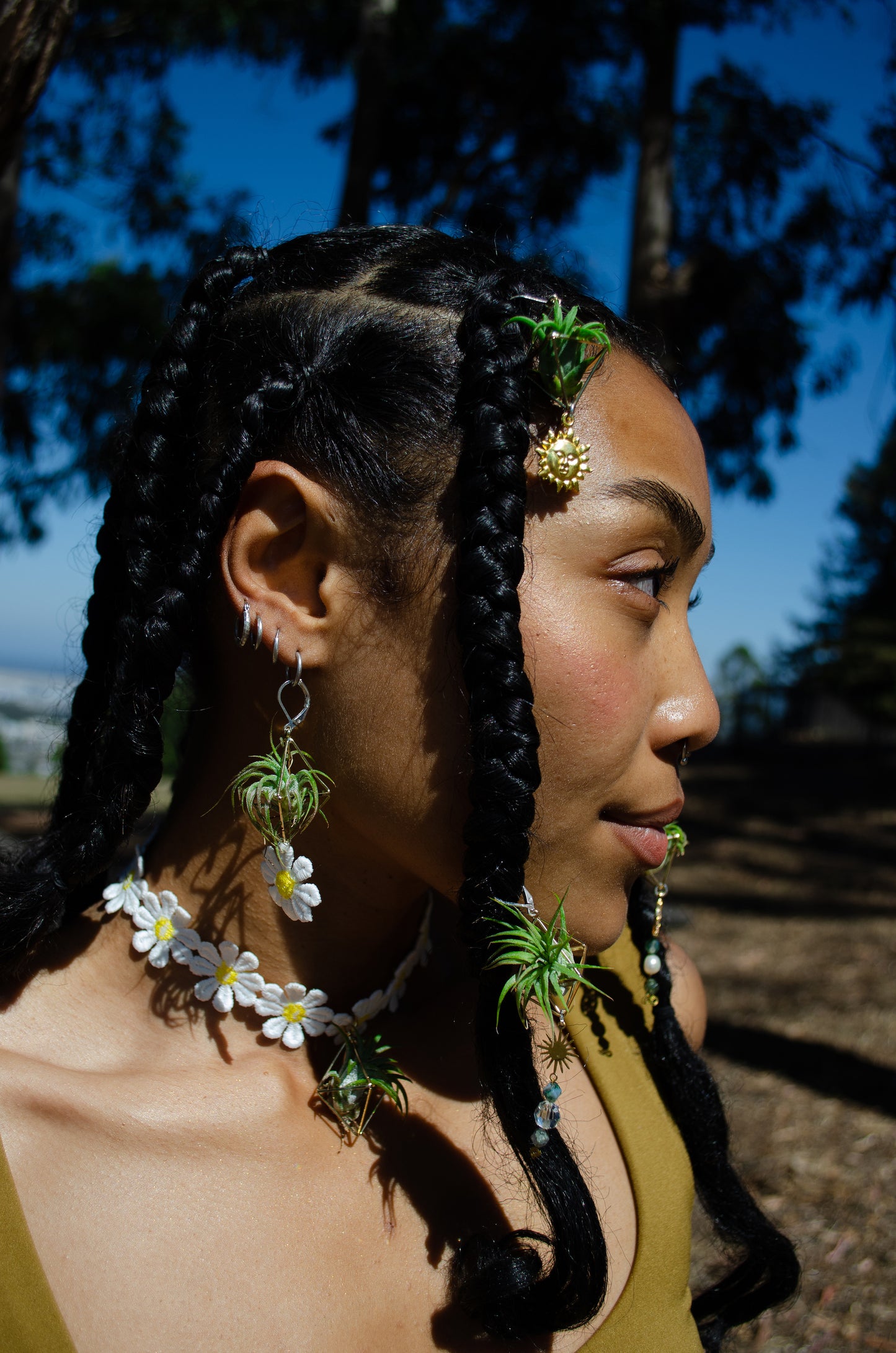 Golden Sun Charm Air Plant Clip Earrings ~ Diamond Octahedron Earrings