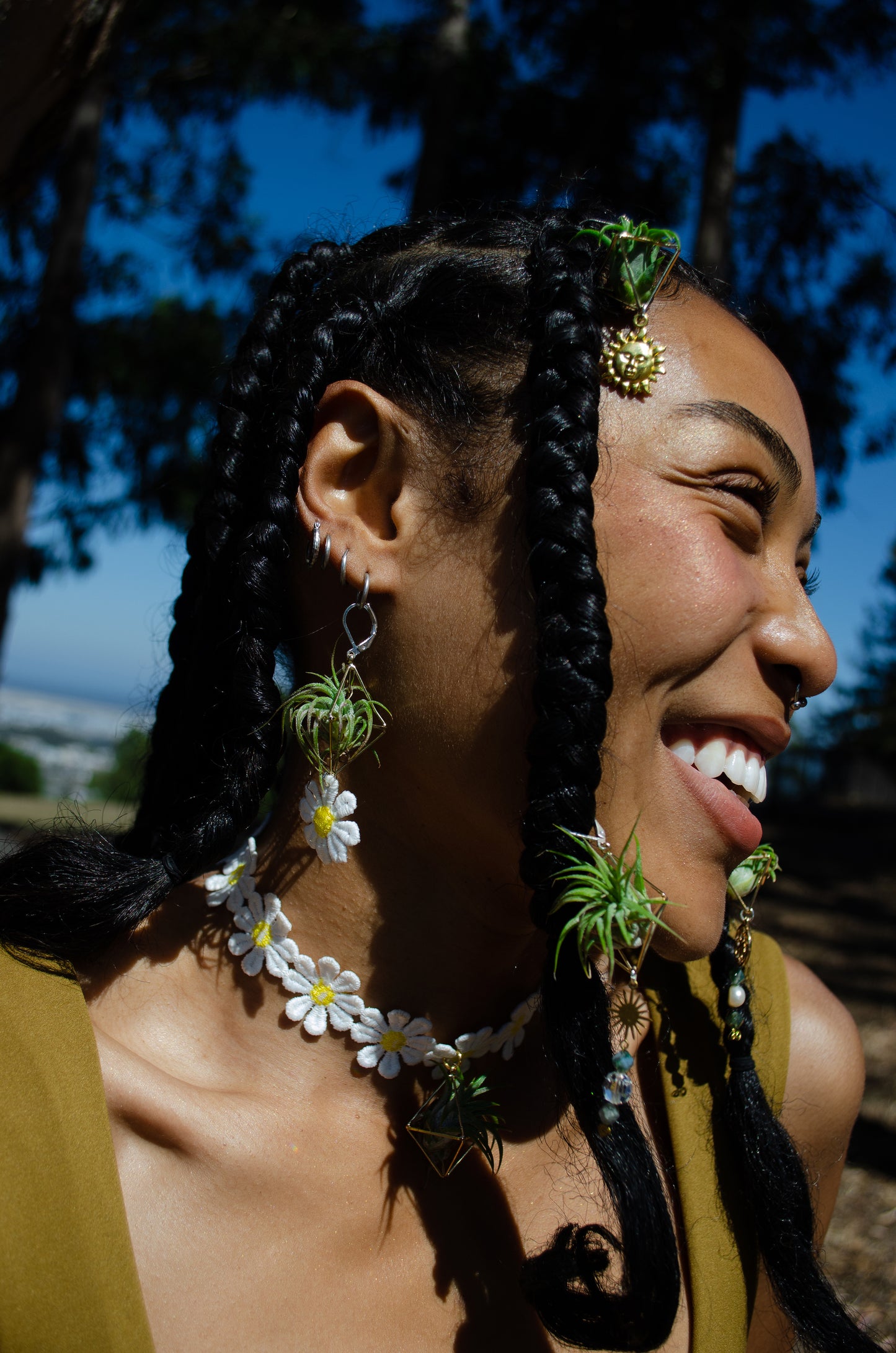 Golden Sun Charm Air Plant Clip Earrings ~ Diamond Octahedron Earrings