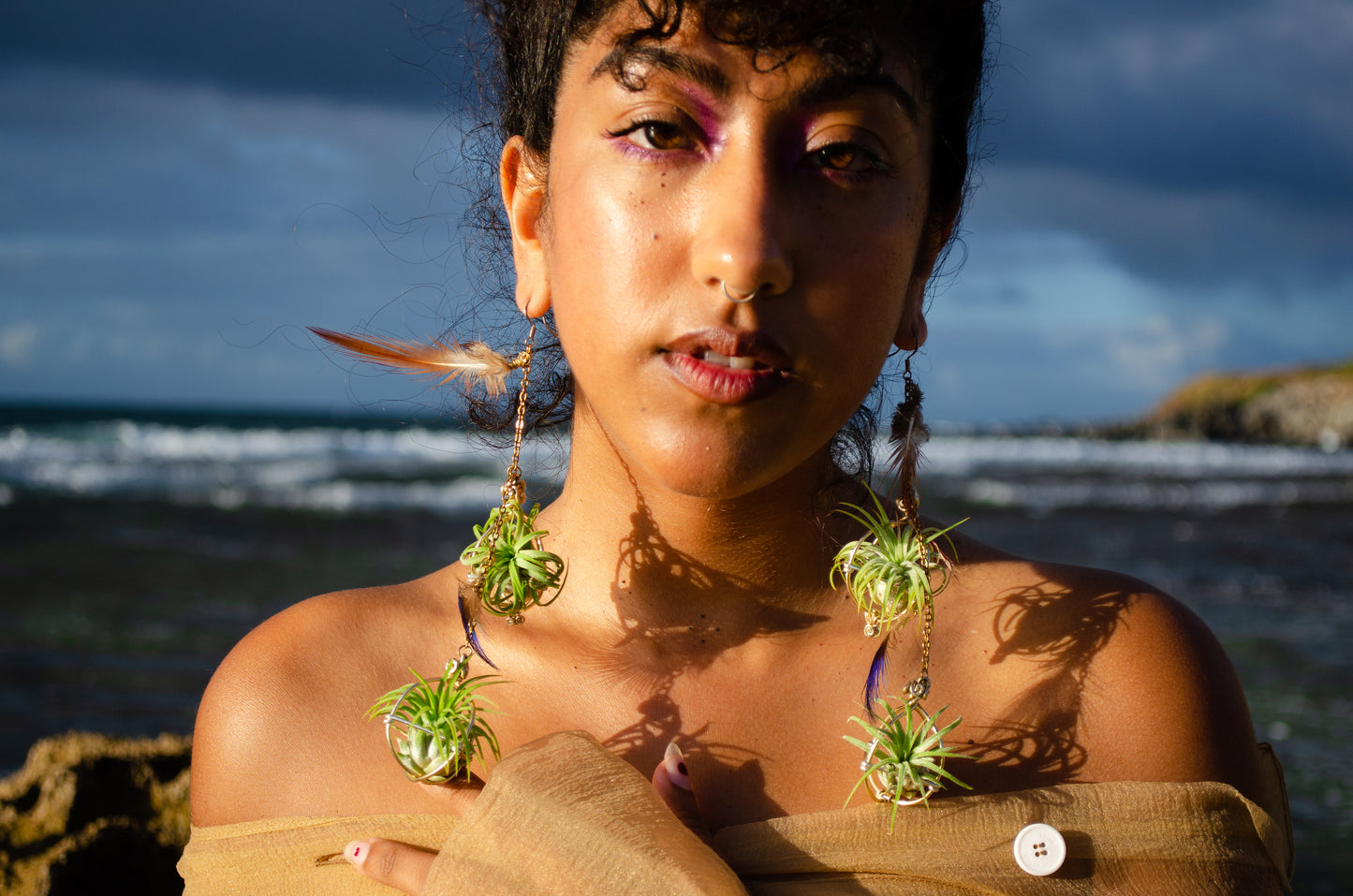 Double Dangle Air Plant Orb Feather Earrings Clips ~  Cascading Earrings Boho Chic