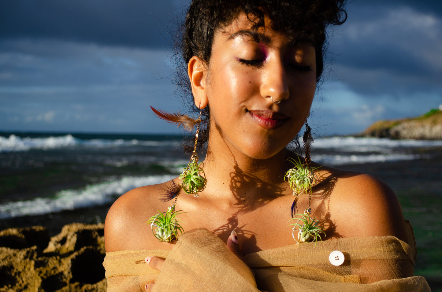 Double Dangle Air Plant Orb Feather Earrings Clips ~  Cascading Earrings Boho Chic