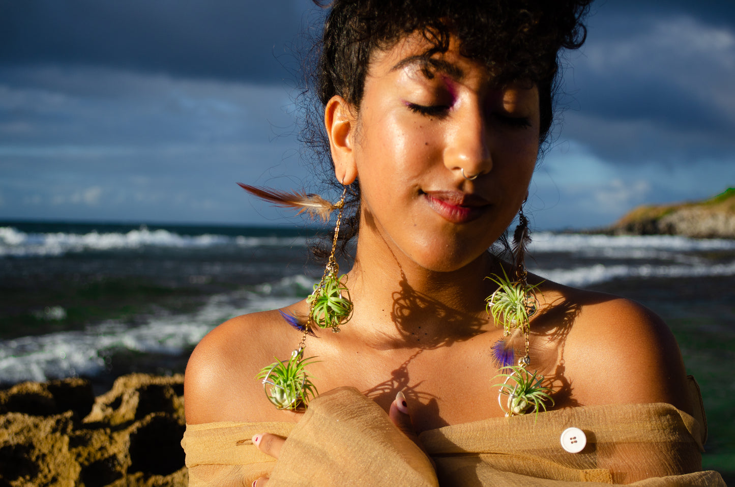 Double Dangle Air Plant Orb Feather Earrings Clips ~  Cascading Earrings Boho Chic
