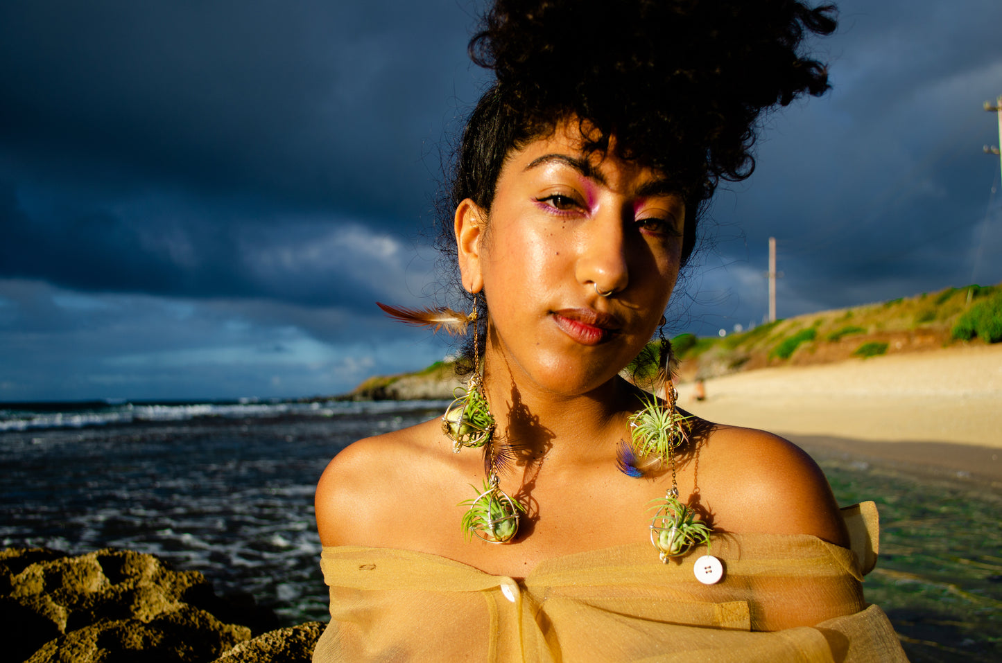 Double Dangle Air Plant Orb Feather Earrings Clips ~  Cascading Earrings Boho Chic