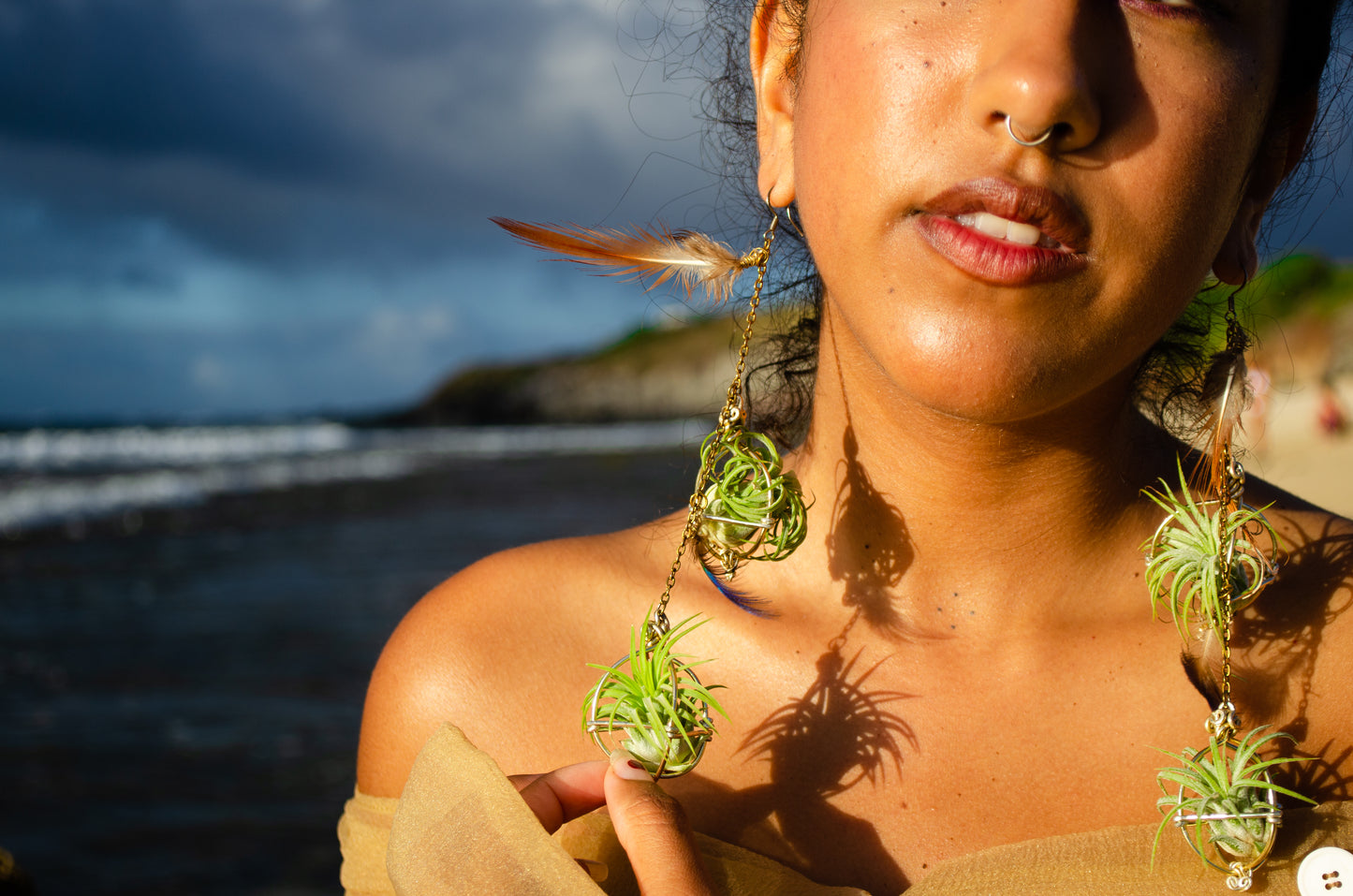 Double Dangle Air Plant Orb Feather Earrings Clips ~  Cascading Earrings Boho Chic