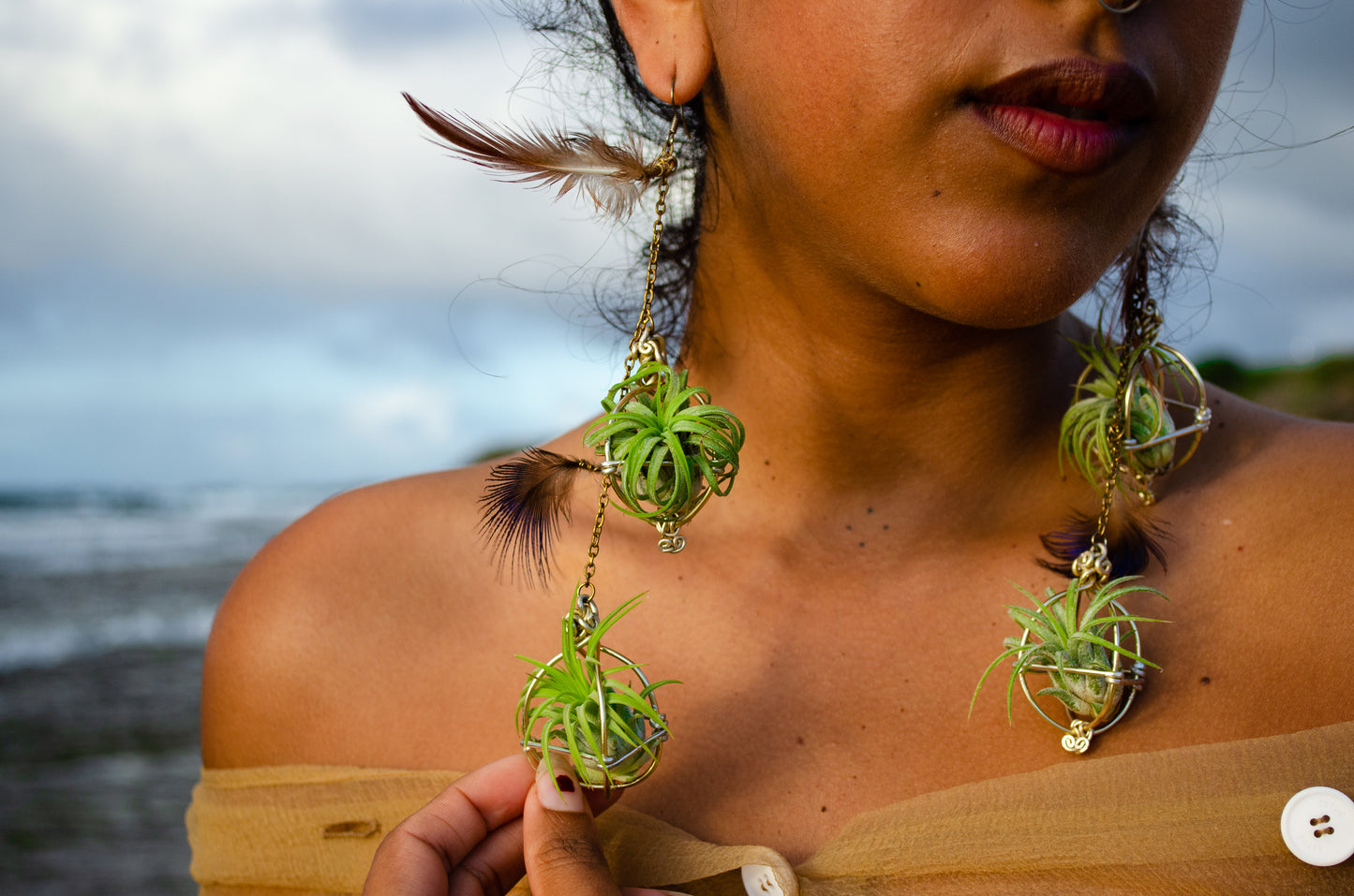 Double Dangle Air Plant Orb Feather Earrings Clips ~  Cascading Earrings Boho Chic