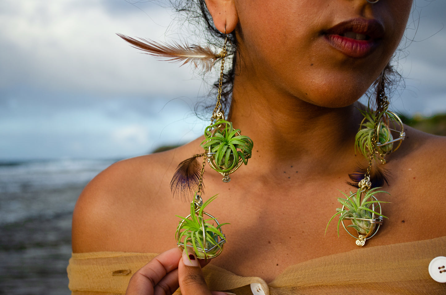 Double Dangle Air Plant Orb Feather Earrings Clips ~  Cascading Earrings Boho Chic