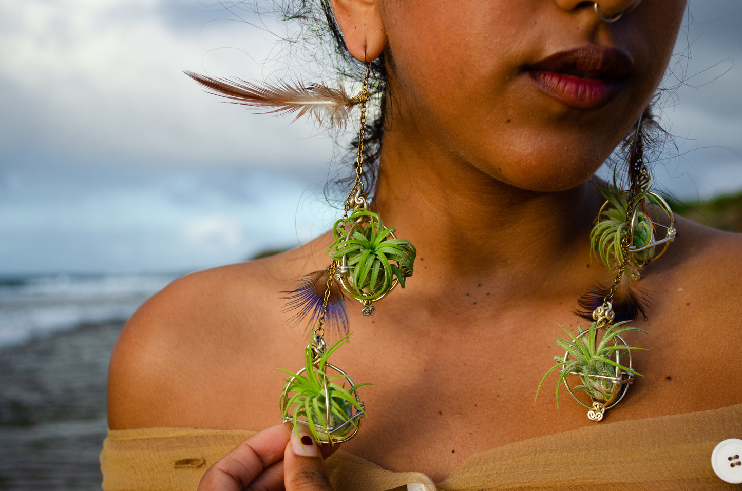 Double Dangle Air Plant Orb Feather Earrings Clips ~  Cascading Earrings Boho Chic