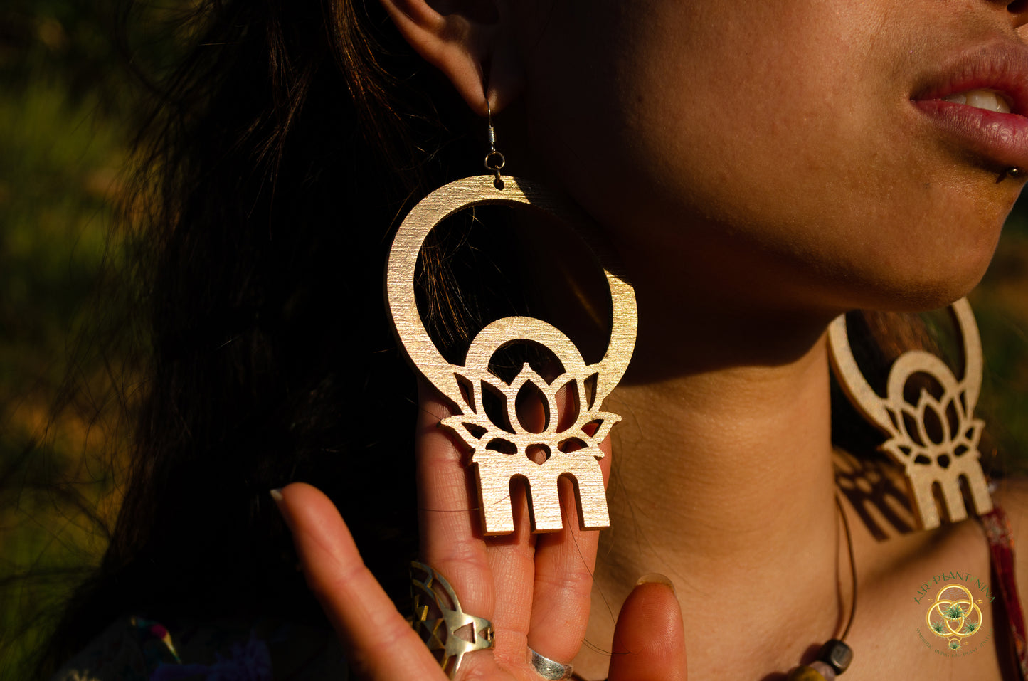Om Lotus Key Code Light Language Wooden Hoop Earrings