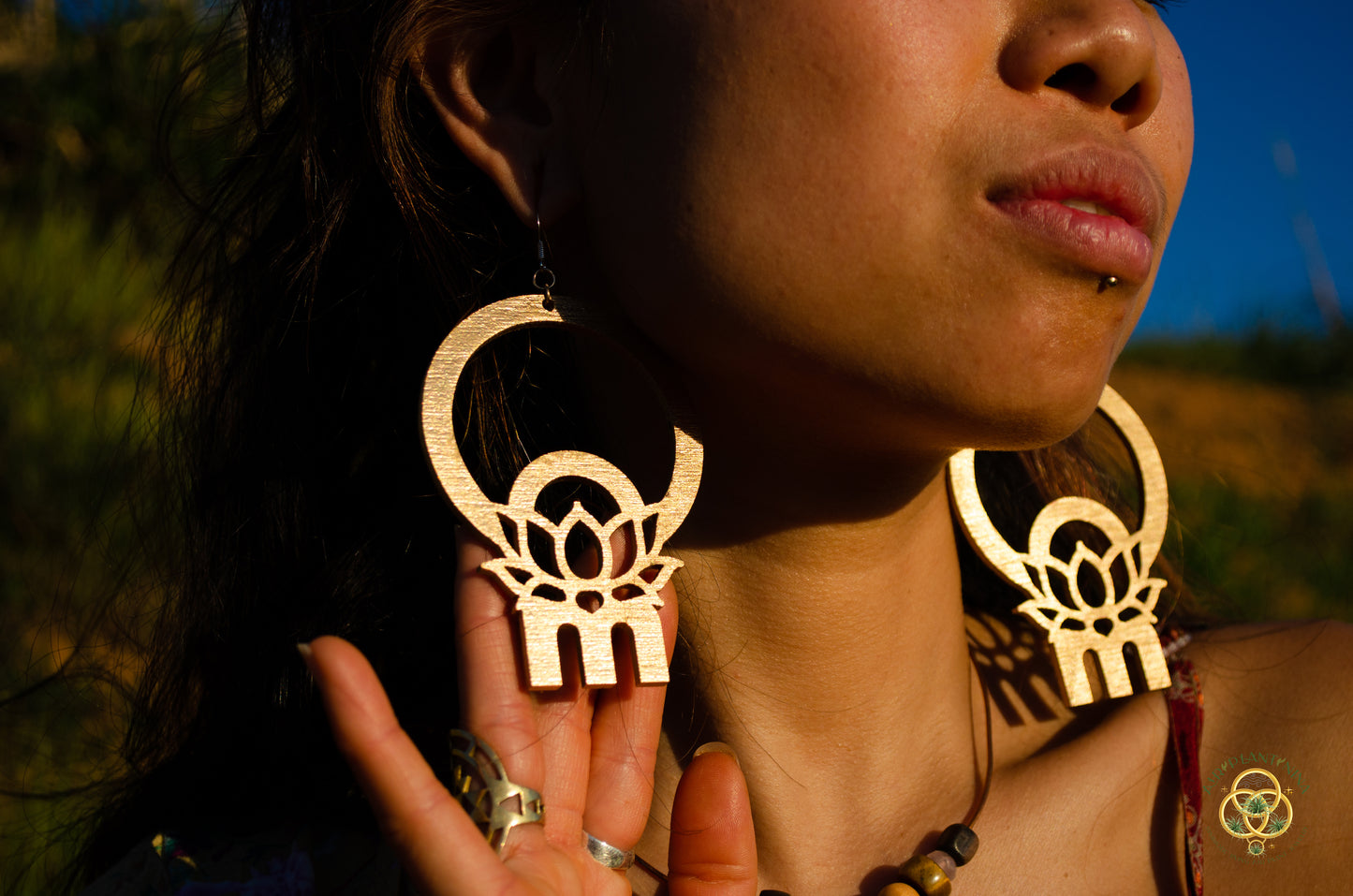 Om Lotus Key Code Light Language Wooden Hoop Earrings