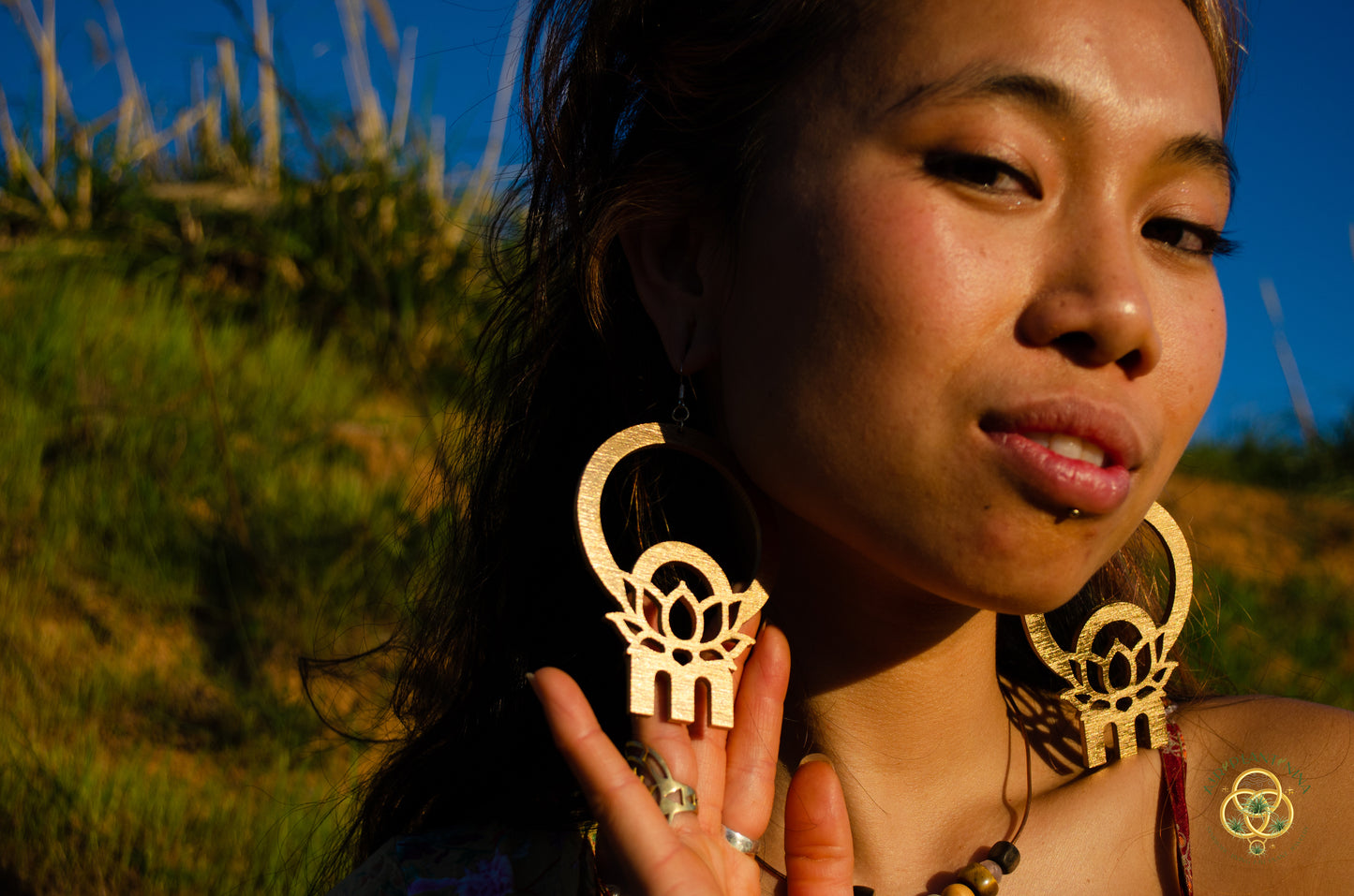 Om Lotus Key Code Light Language Wooden Hoop Earrings