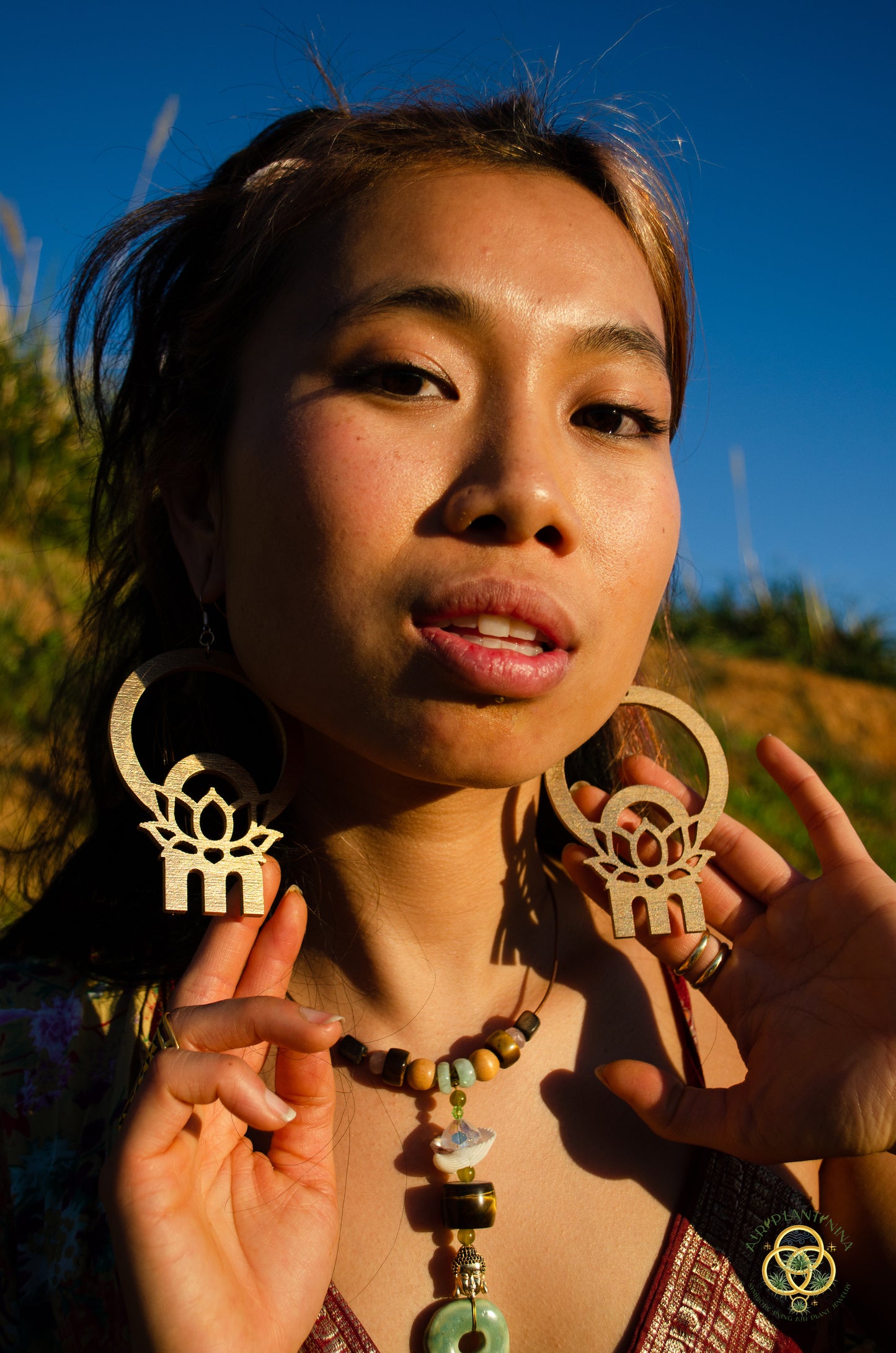 Om Lotus Key Code Light Language Wooden Hoop Earrings