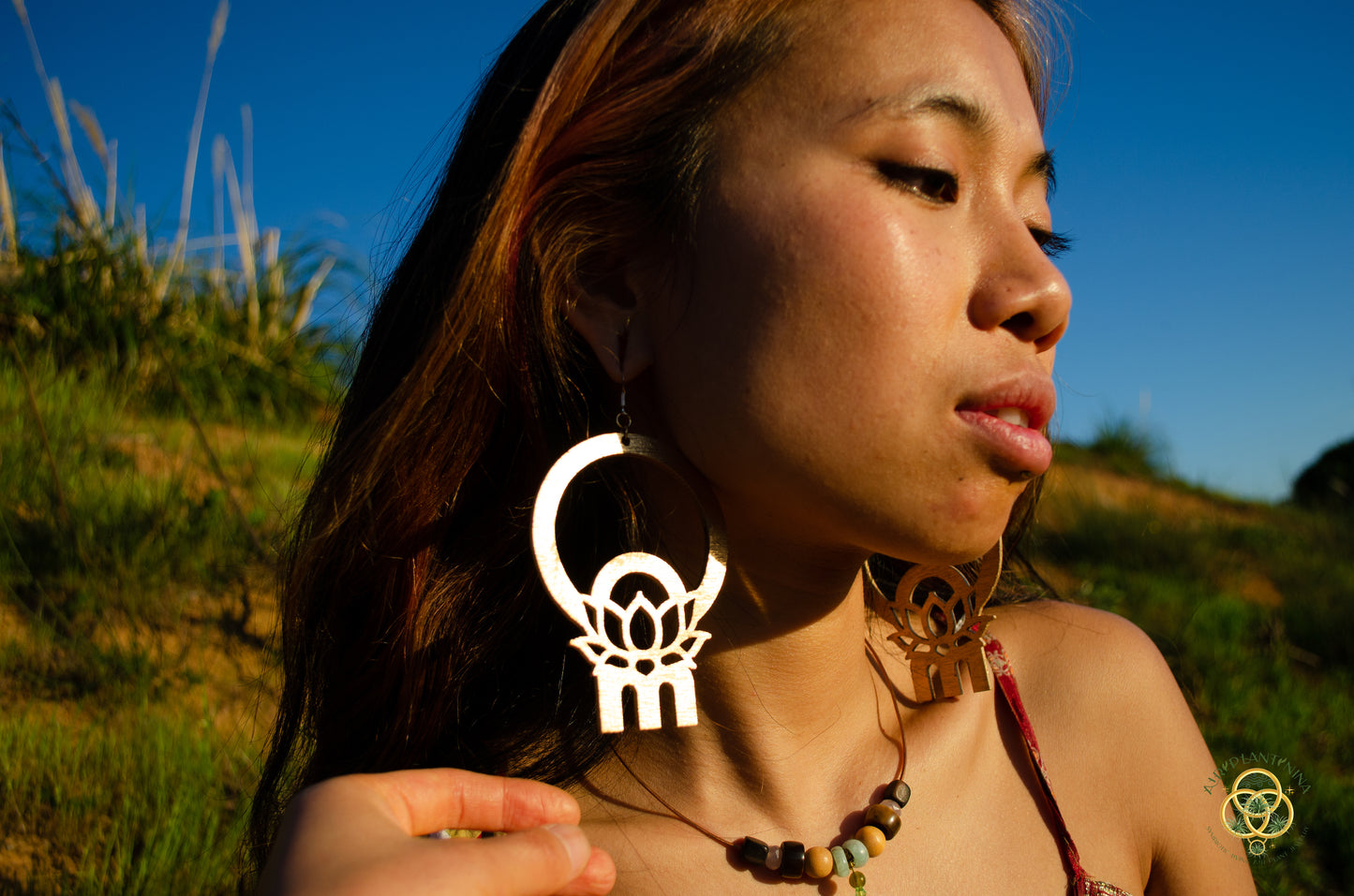 Om Lotus Key Code Light Language Wooden Hoop Earrings