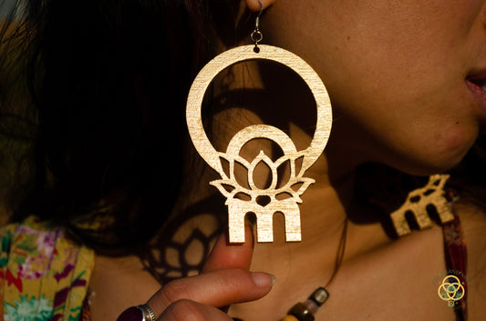 Om Lotus Key Code Light Language Wooden Hoop Earrings