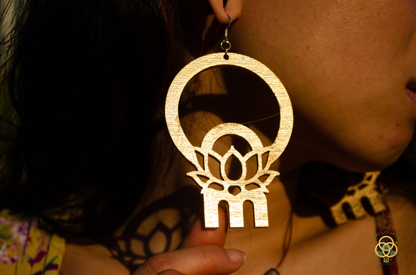 Om Lotus Key Code Light Language Wooden Hoop Earrings