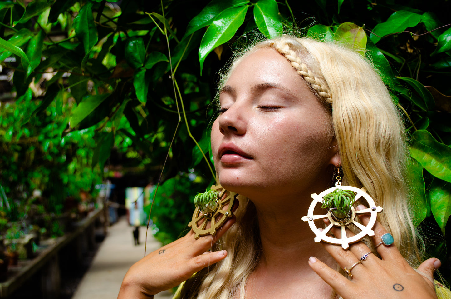 Wood Air Plant Earrings Heart, Moon, Circle, I-Ching Octagon