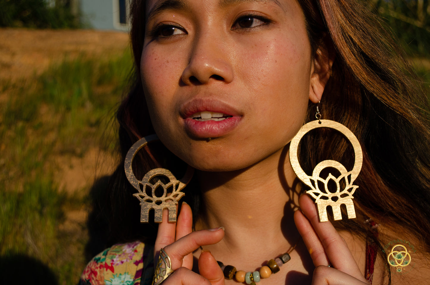 Om Lotus Key Code Light Language Wooden Hoop Earrings