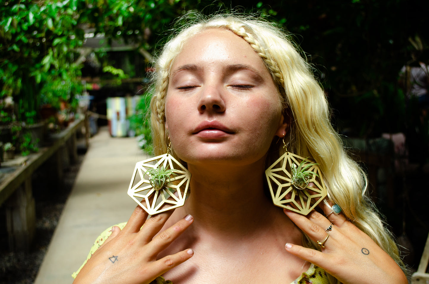 AsaNoHa Air Plant Wood Hoop Earrings Japanese Sacred Geometry Star ้บปใฎ่
