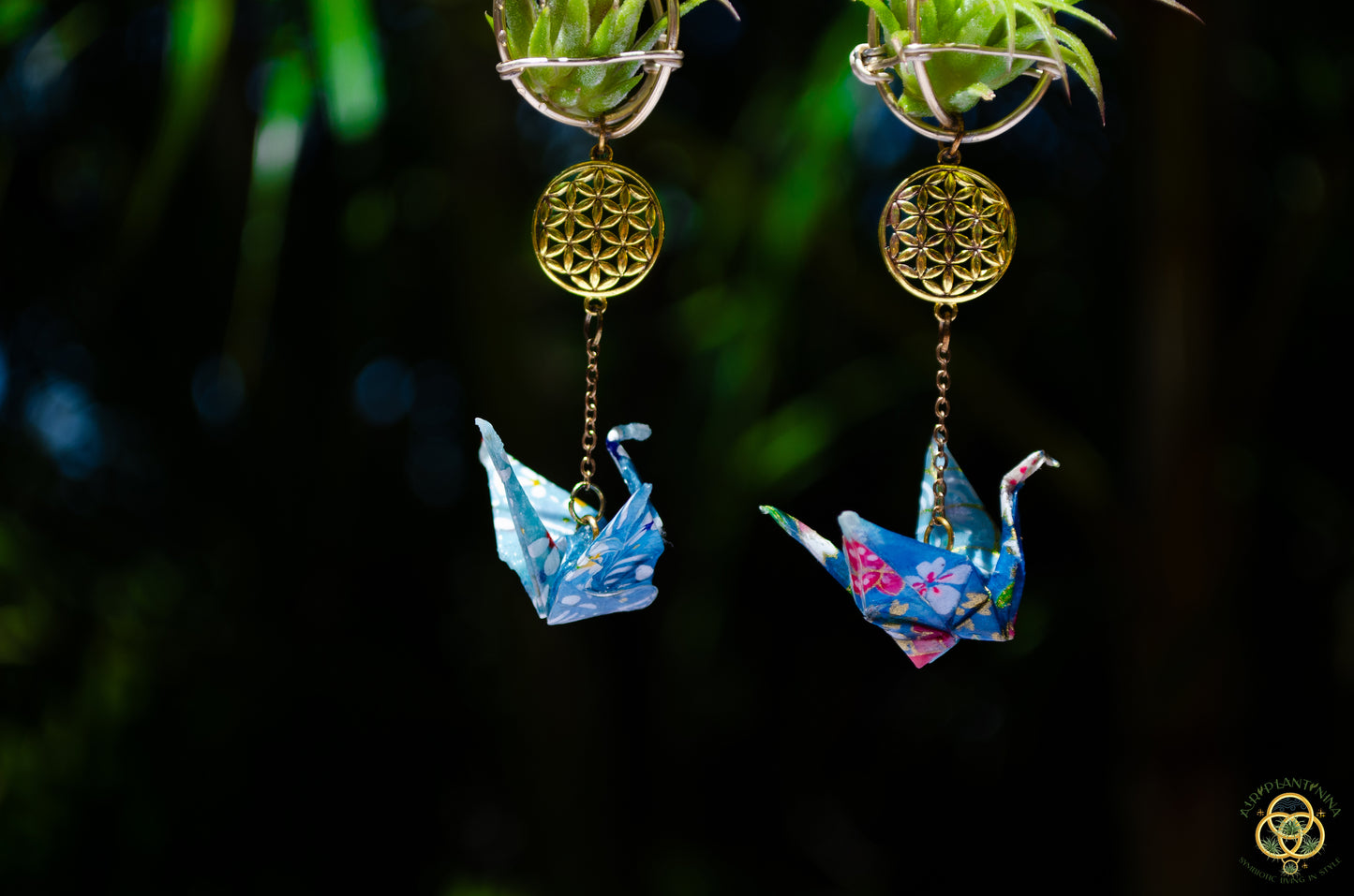 Living Plant Origami Crane Earrings