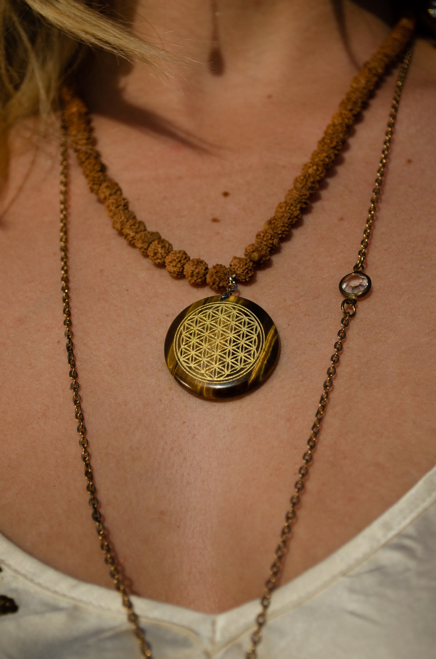 Shungite Crystal Flower of Life Medallion Rudraksha Prayer Bead Necklace