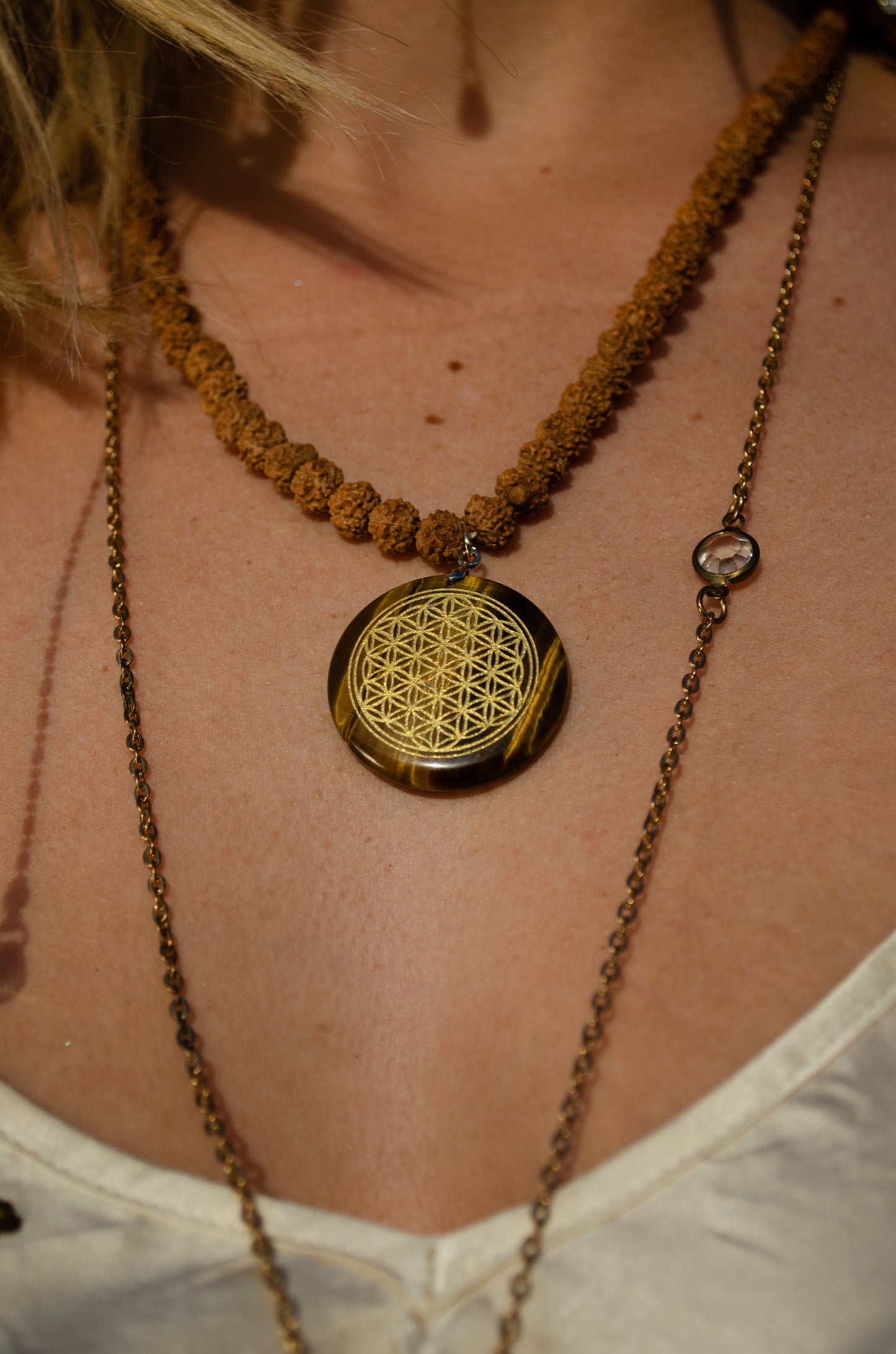 Shungite Crystal Flower of Life Medallion Rudraksha Prayer Bead Necklace